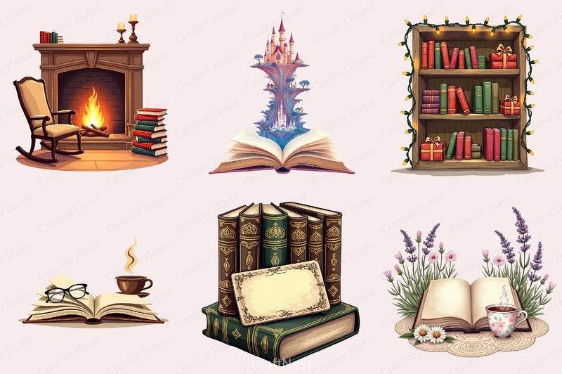 Cozy Books Reading Nook Clipart Bundle - CraftNest - Digital Crafting and Art