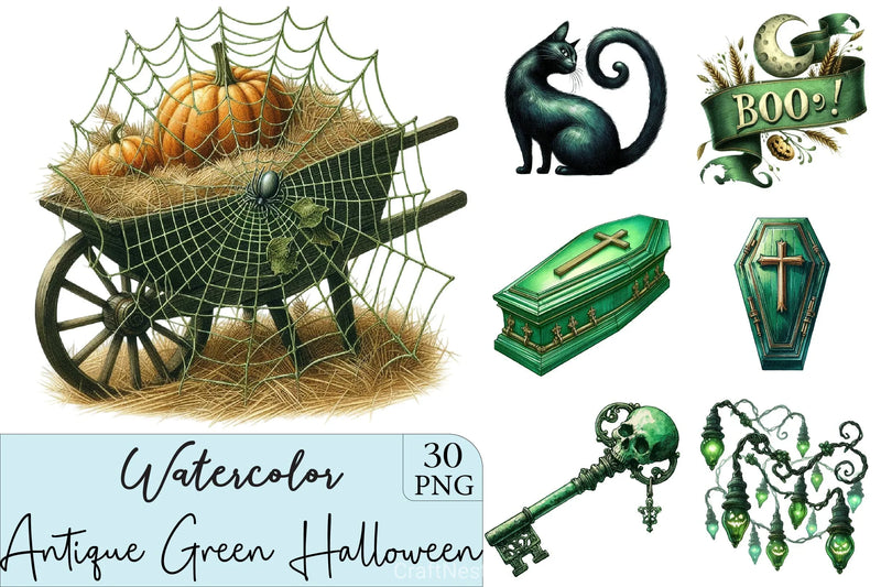 Antique Green Halloween Clipart Set - CraftNest - Digital Crafting and Art