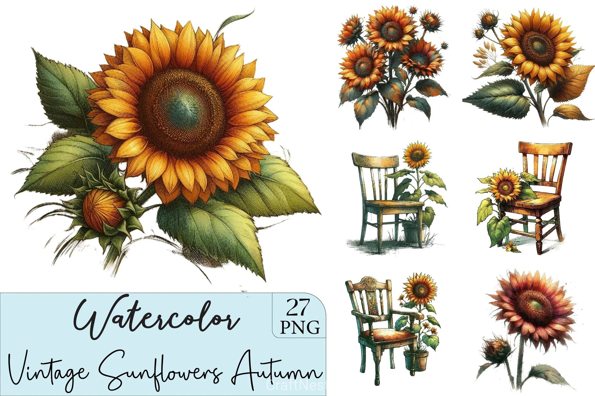 Vintage Sunflowers Autumn Clipart Bundle - CraftNest - Digital Crafting and Art