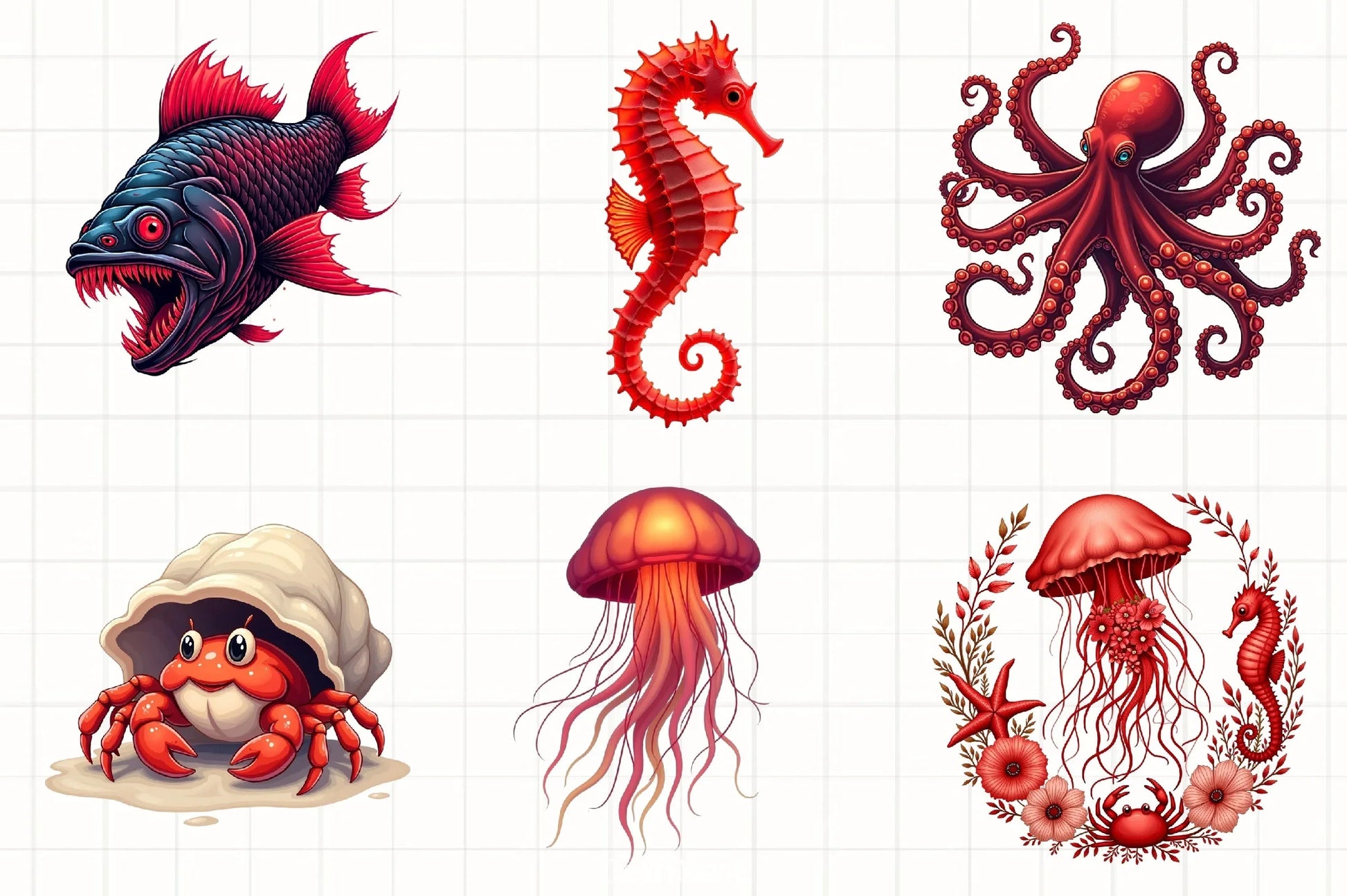 Red Ocean Animals Clipart Bundle - CraftNest - Digital Crafting and Art