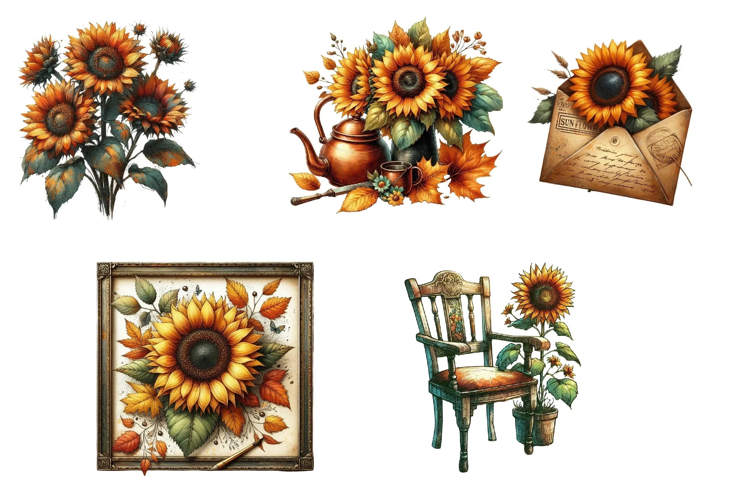 Vintage Sunflowers Autumn Clipart Bundle - CraftNest - Digital Crafting and Art