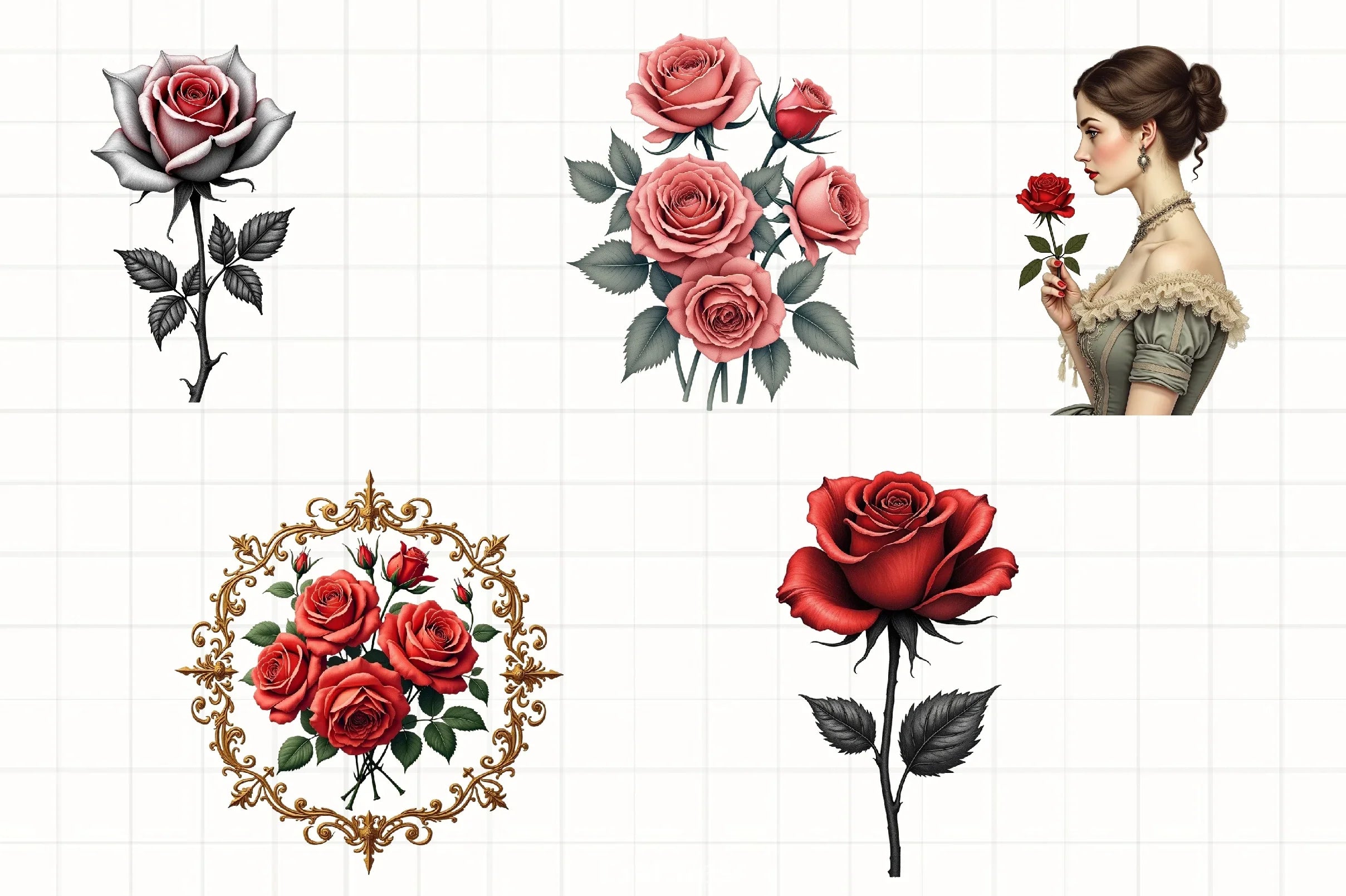 Red Roses Lithograph Clipart Bundle - CraftNest - Digital Crafting and Art