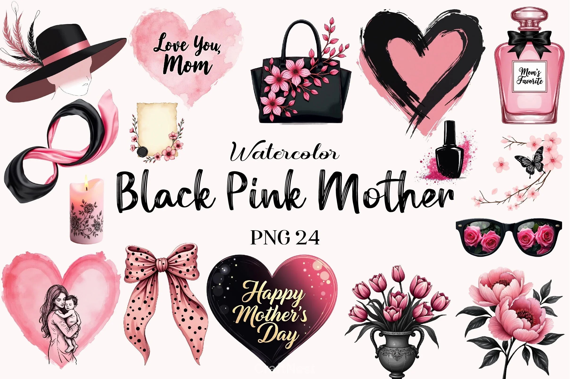 Black & Pink Mother's Day Clipart Bundle - CraftNest - Digital Crafting and Art