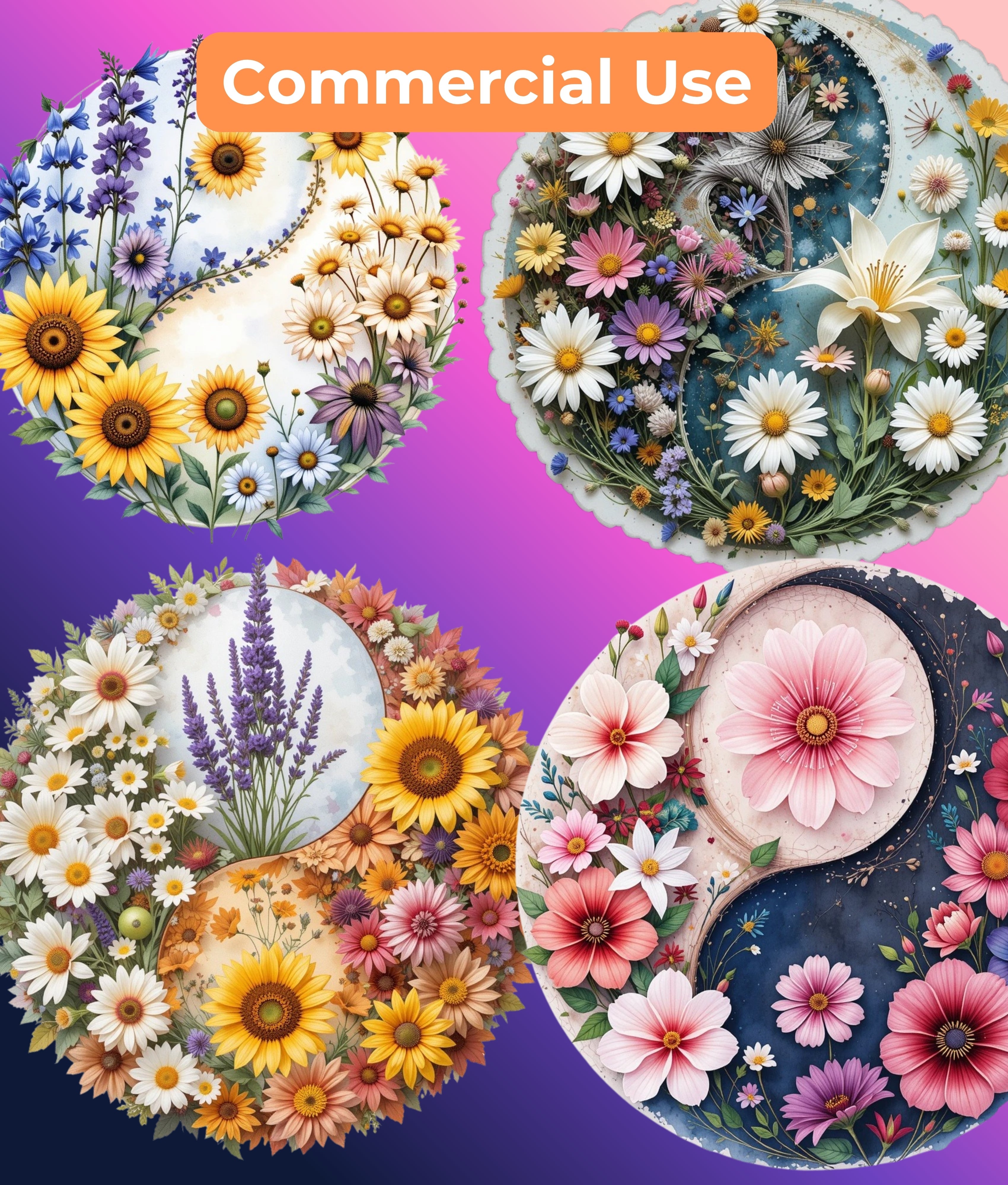 Wildflower Yin Yang Clipart Bundle