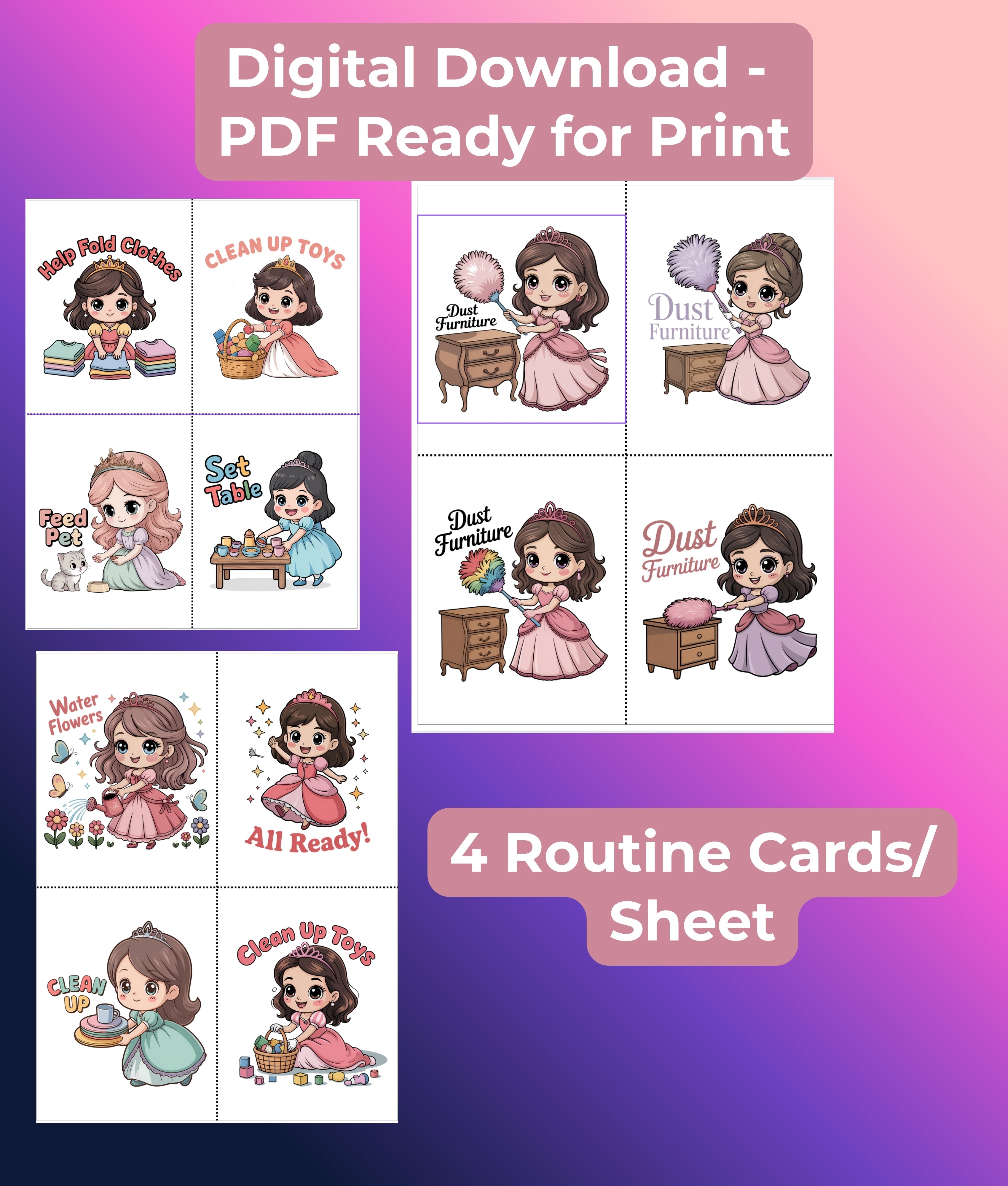 Chibi Princess Routine Cards Clipart Bundle