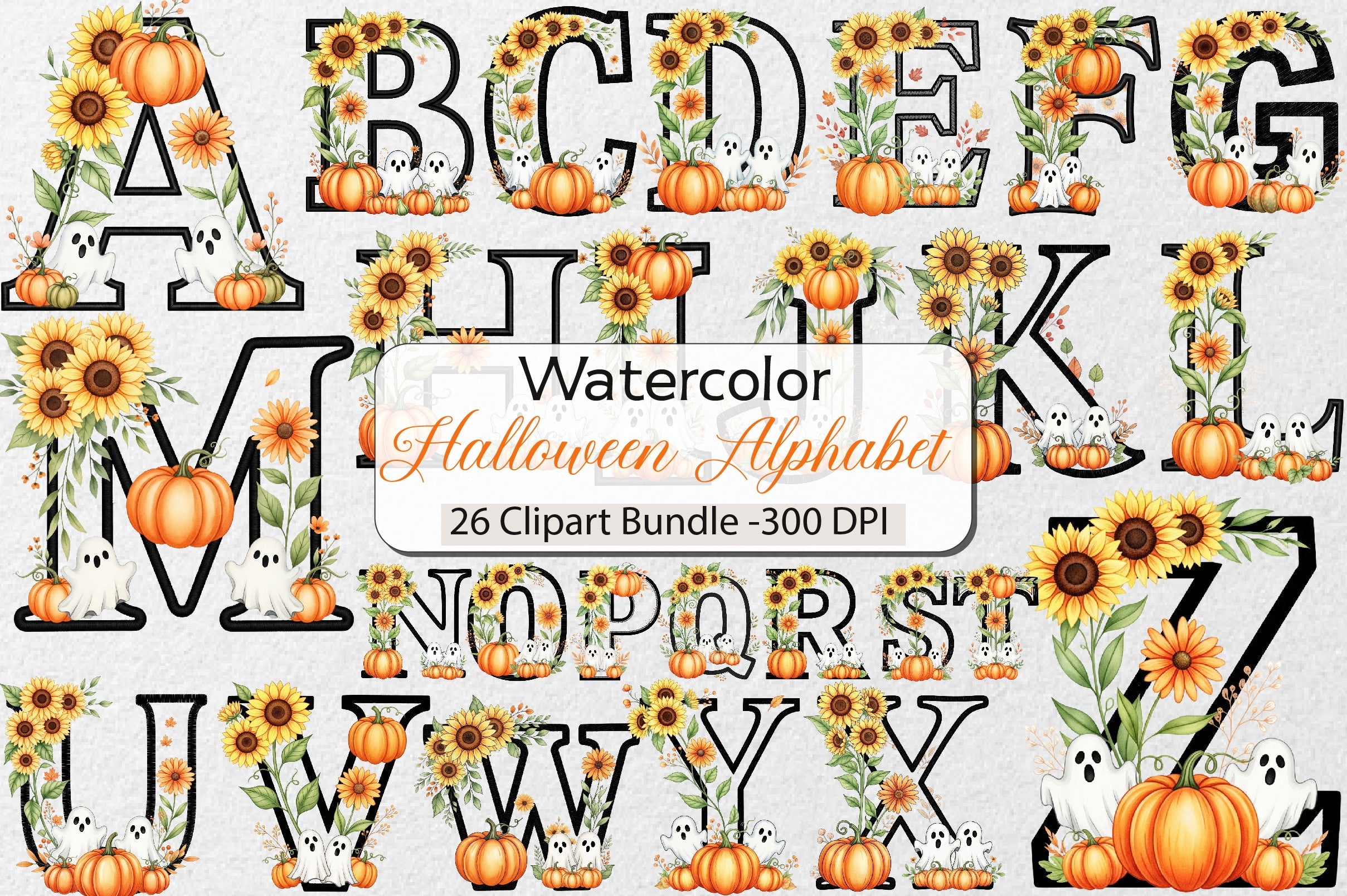 Floral Halloween Alphabet Clipart Bundle
