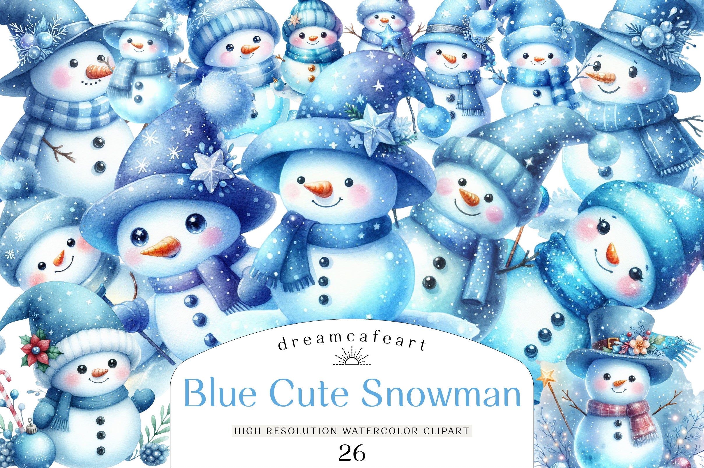 Blue Cute Snowman Clipart Bundle