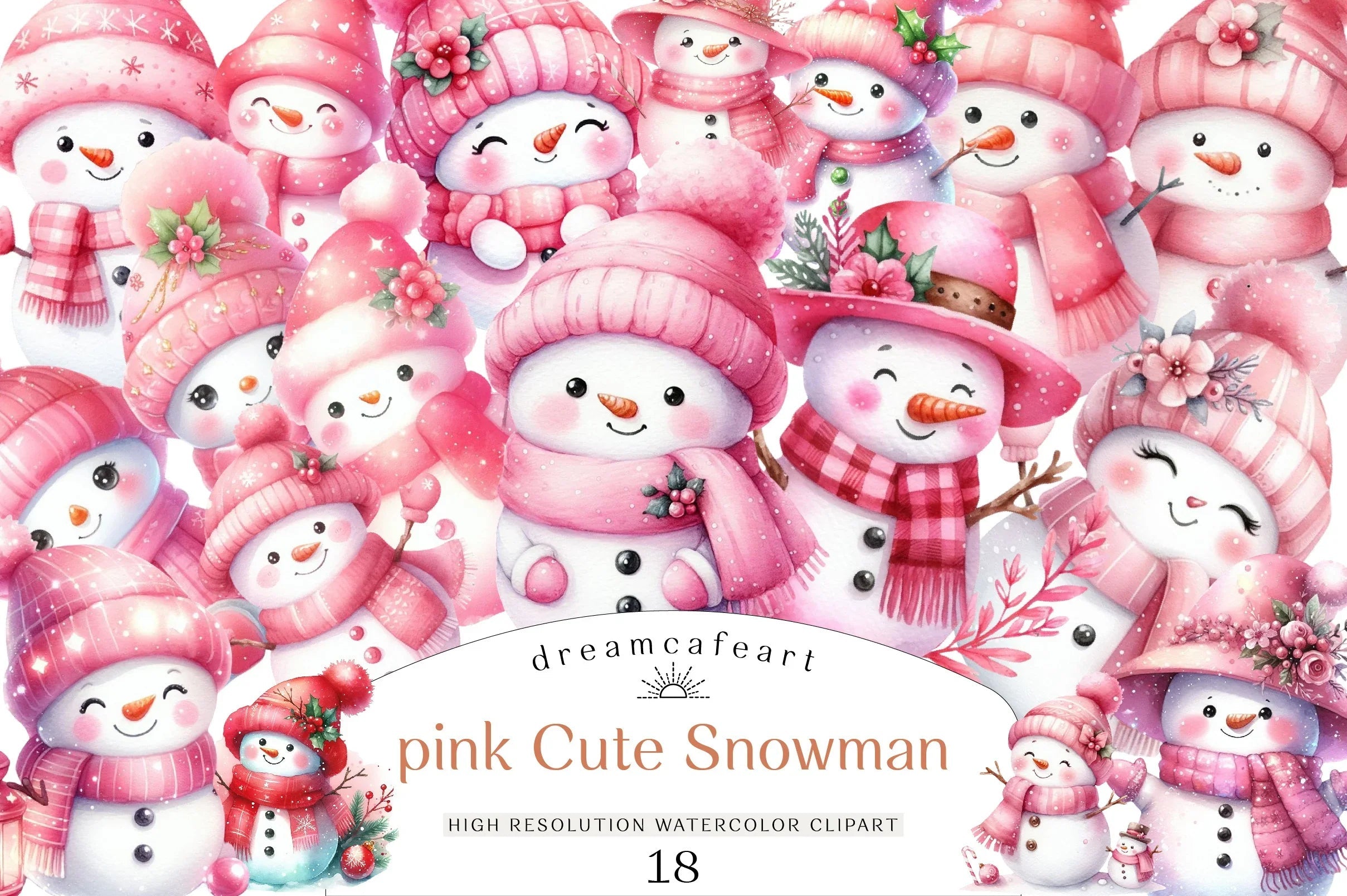 Pink Cute Snowman Clipart Bundle - CraftNest - Digital Crafting and Art