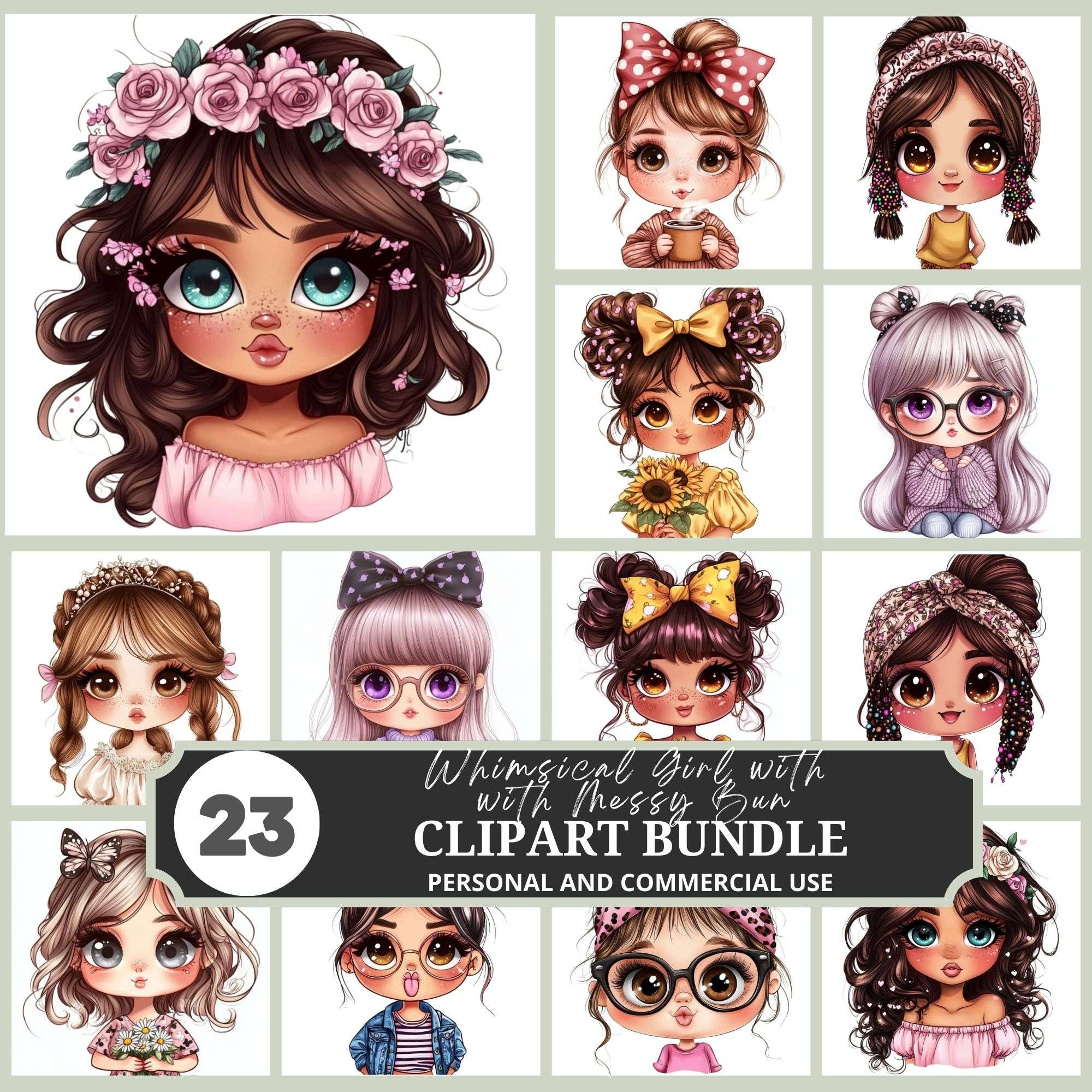 Whimsical Girl with Messy Bun Clipart