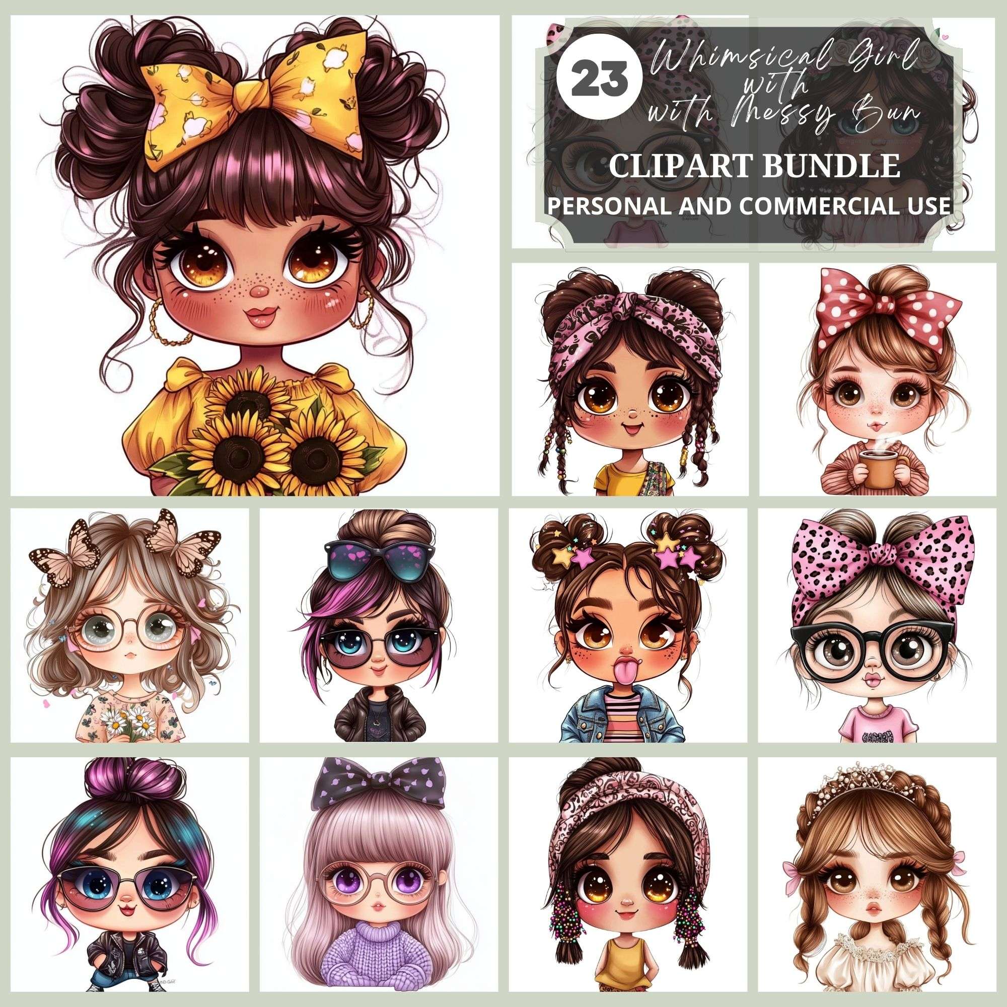 Whimsical Girl with Messy Bun Clipart