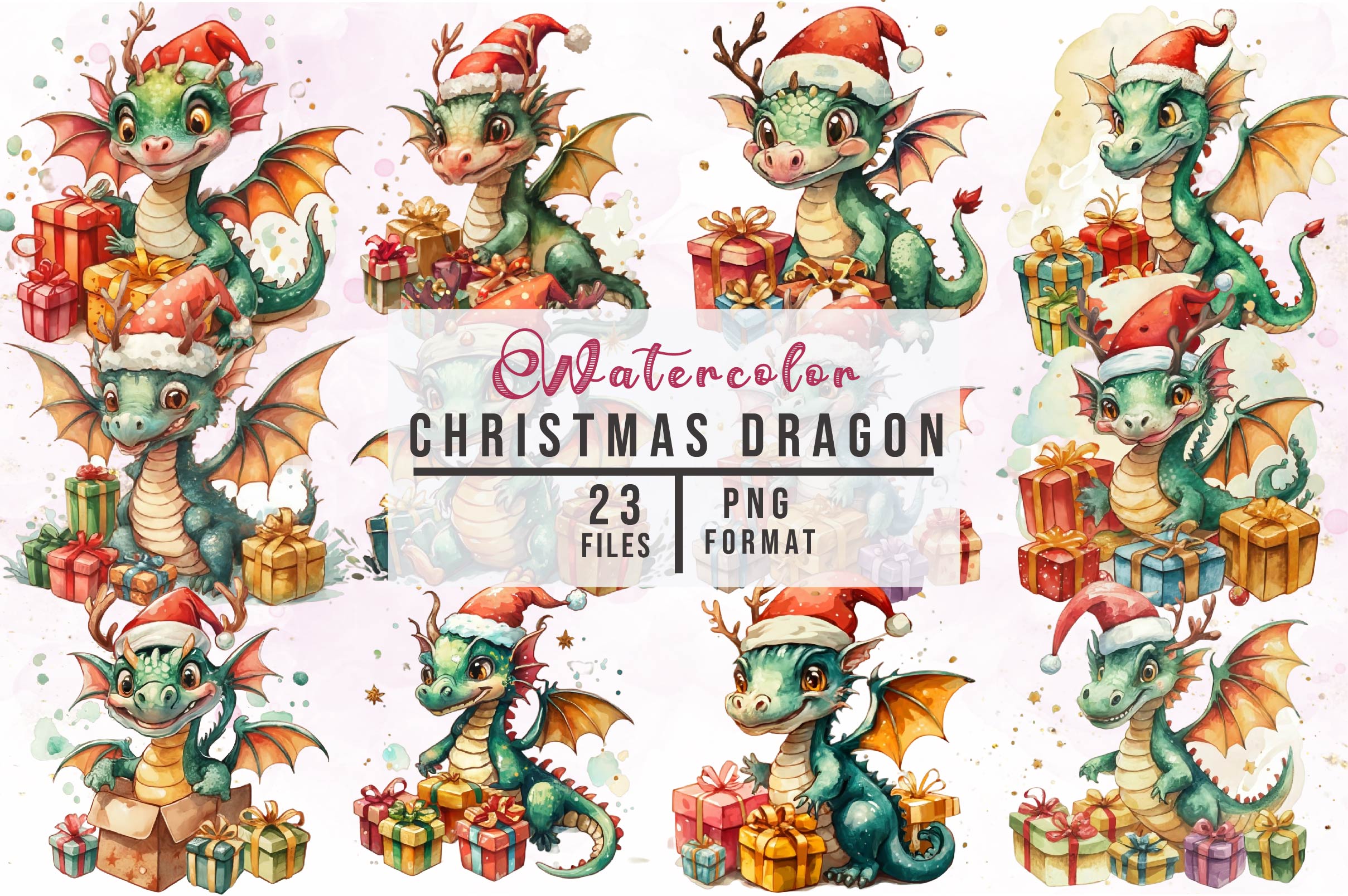 Cute Christmas Dragon Clipart Bundle