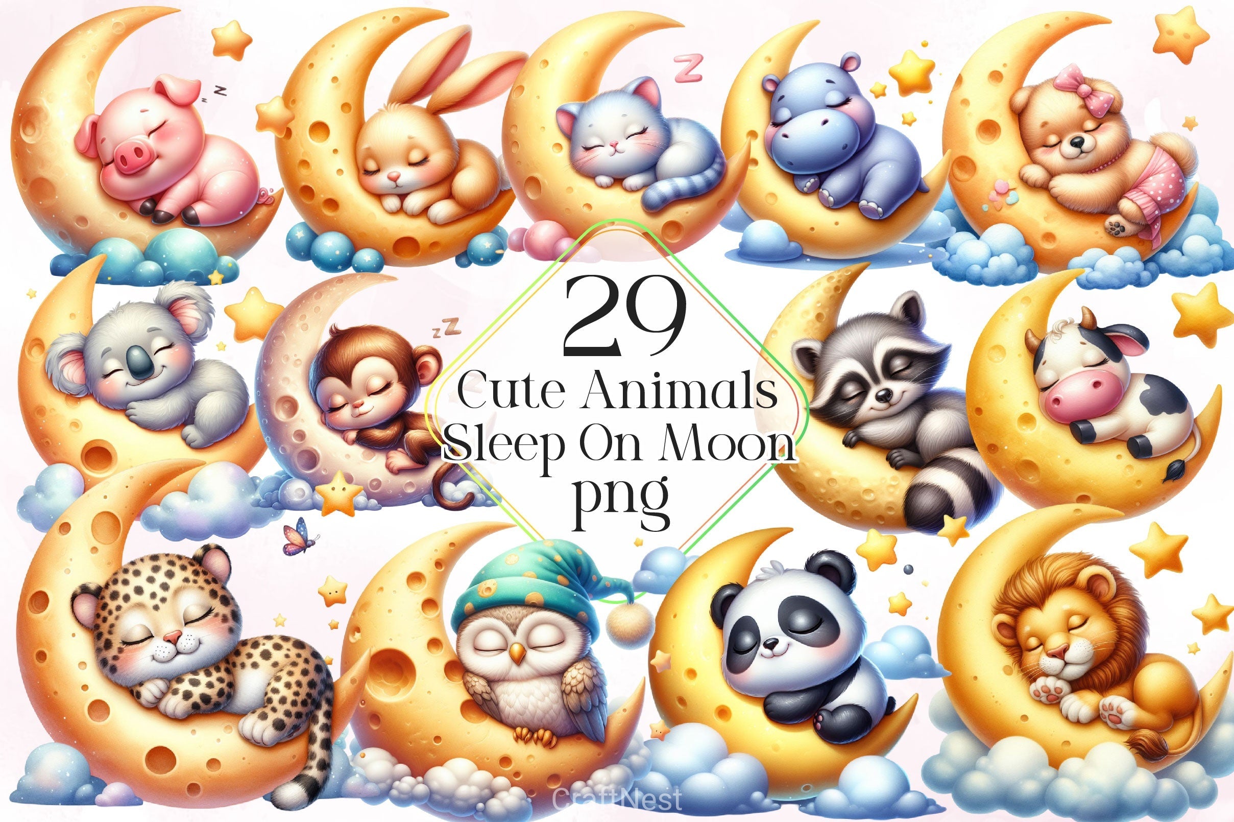 Cute Animals Sleep On Moon Clipart Bundle 2
