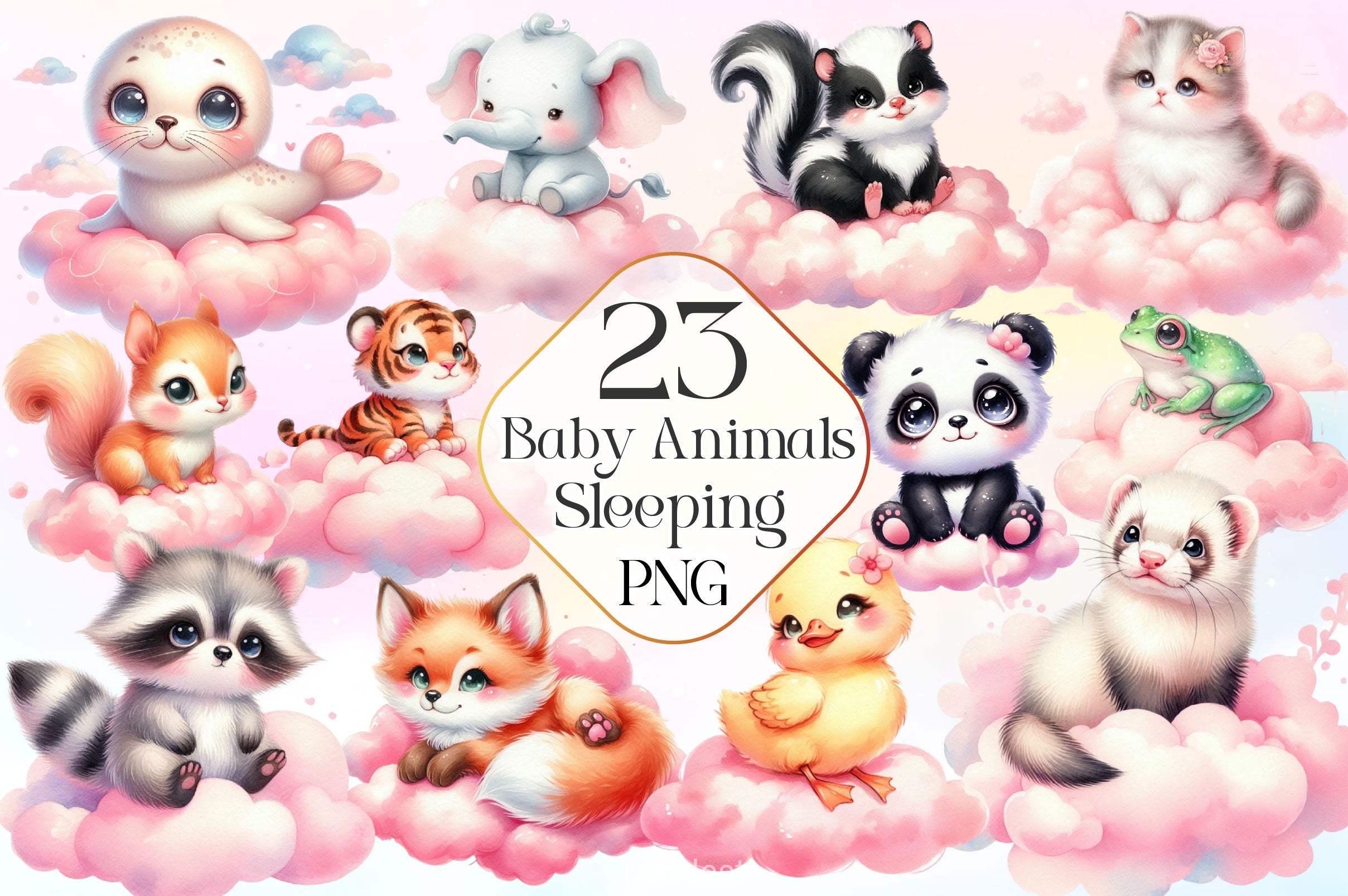 Pink Baby Animals Sleeping Clipart Bundle