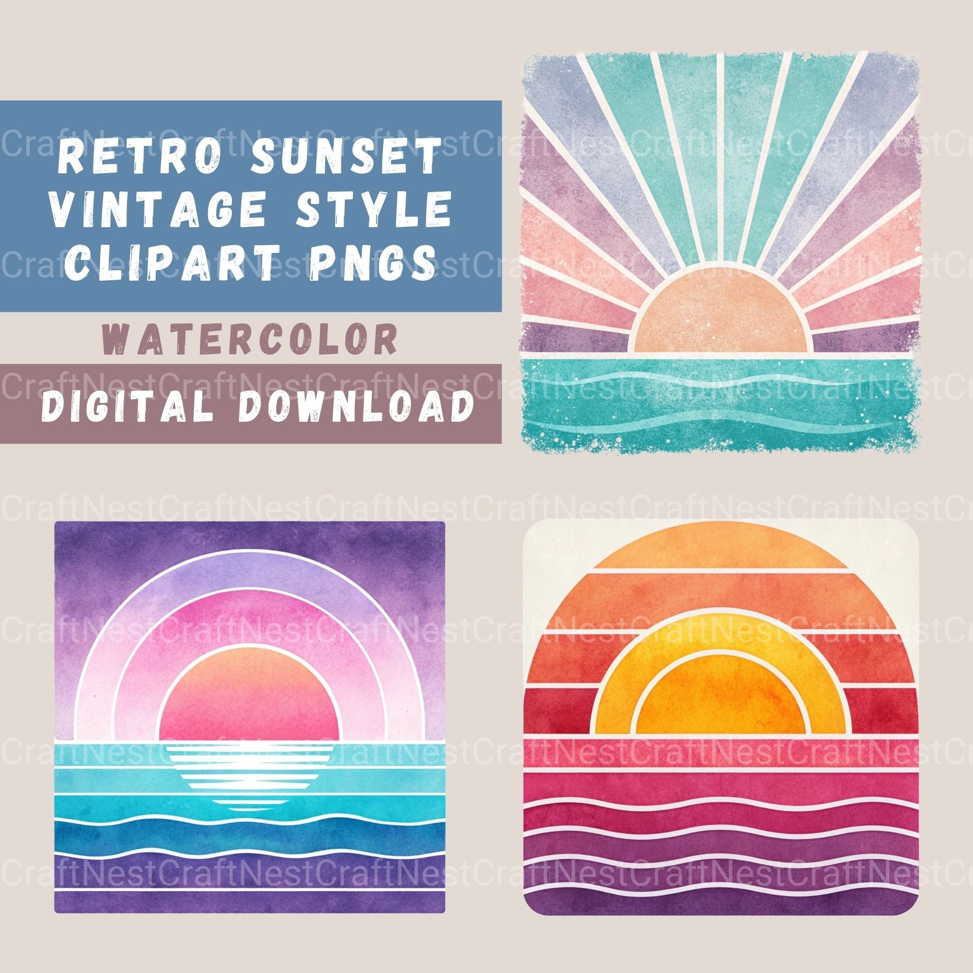 Retro Sunsets Square Clipart Bundle