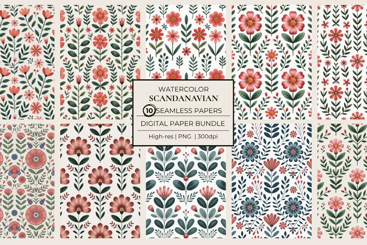 Scandinavian Folklore Flowers Seamless Papers - CraftNest - Digital Crafting and Art