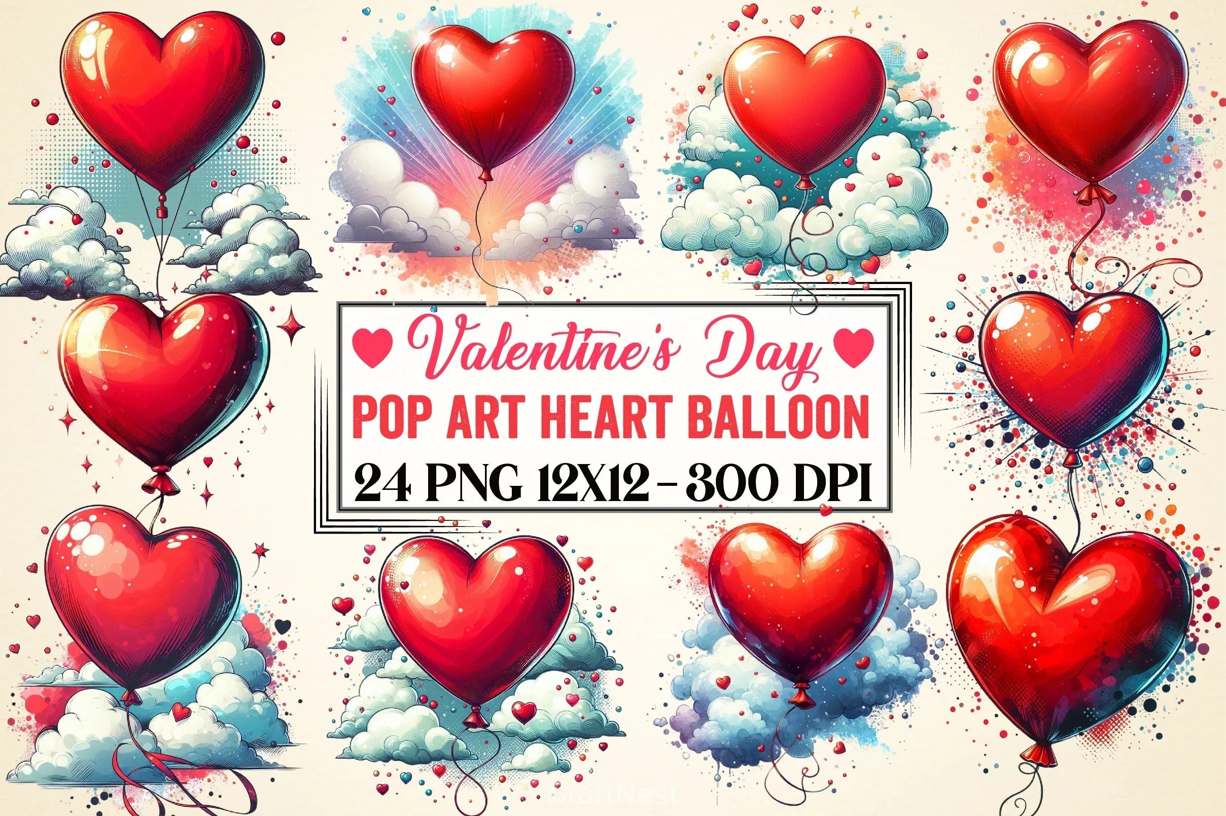 Valentine's Pop Art Heart Balloon Clipart Bundle - CraftNest - Digital Crafting and Art