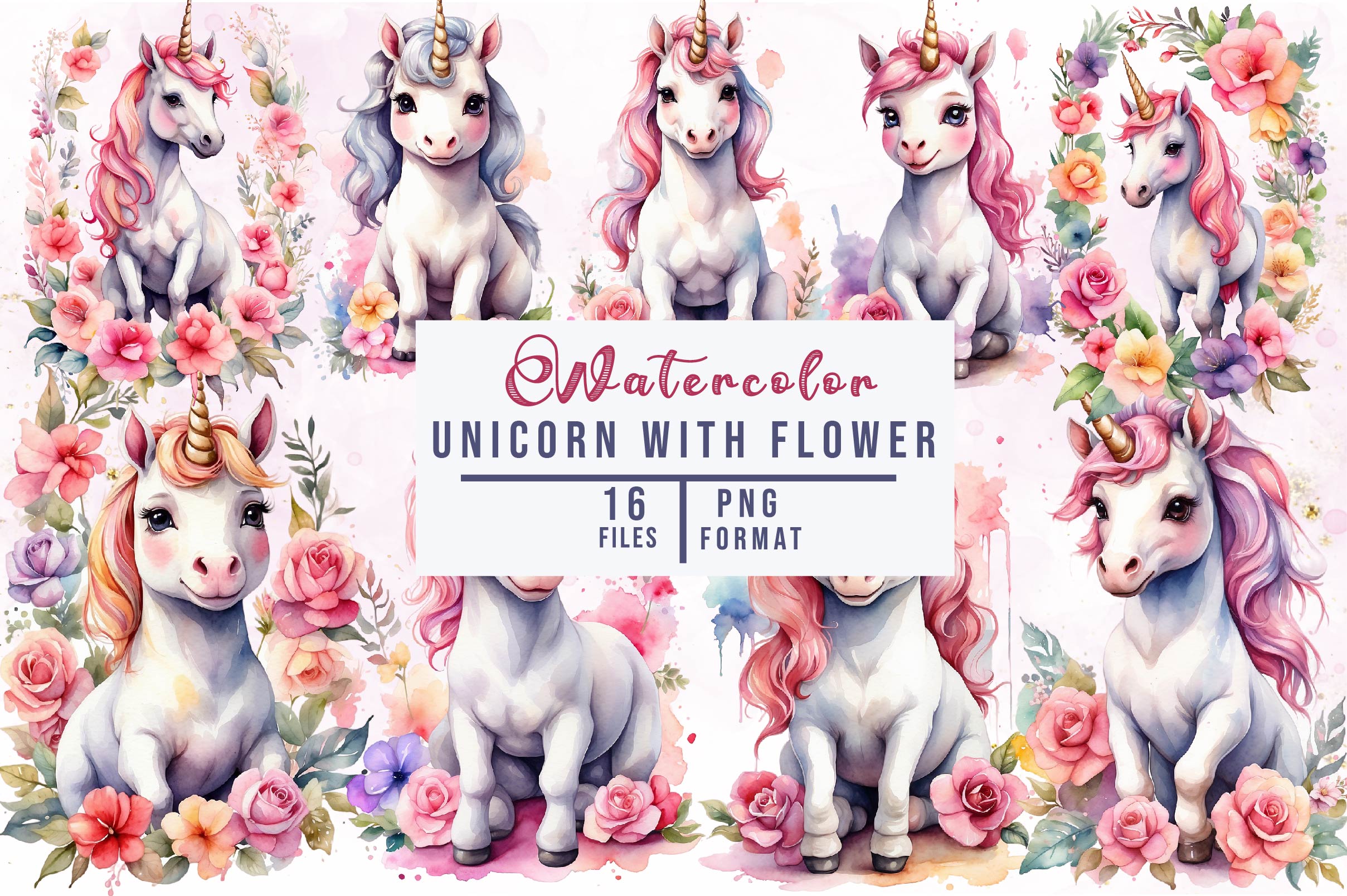 Beautiful Unicorn With Flower Clipart Bundle