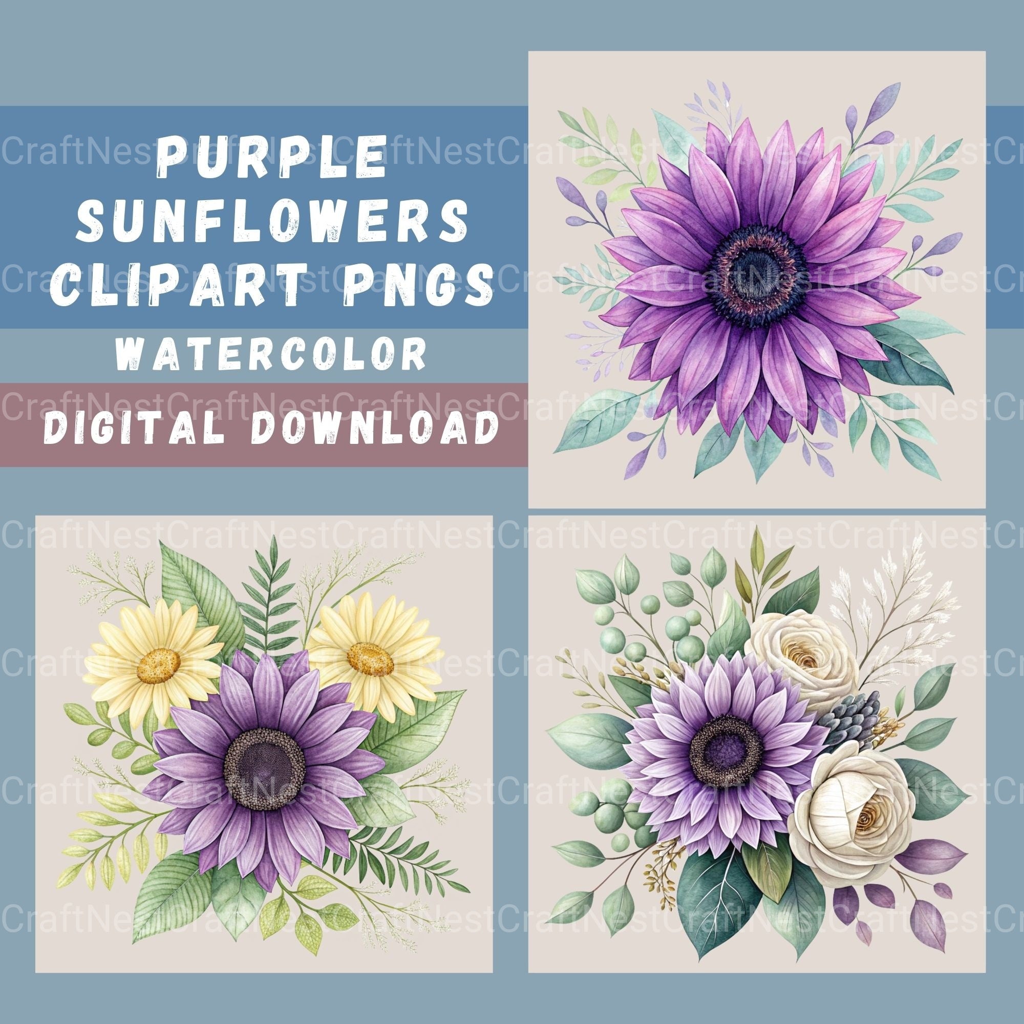 Purple Sunflowers Clipart Bundle