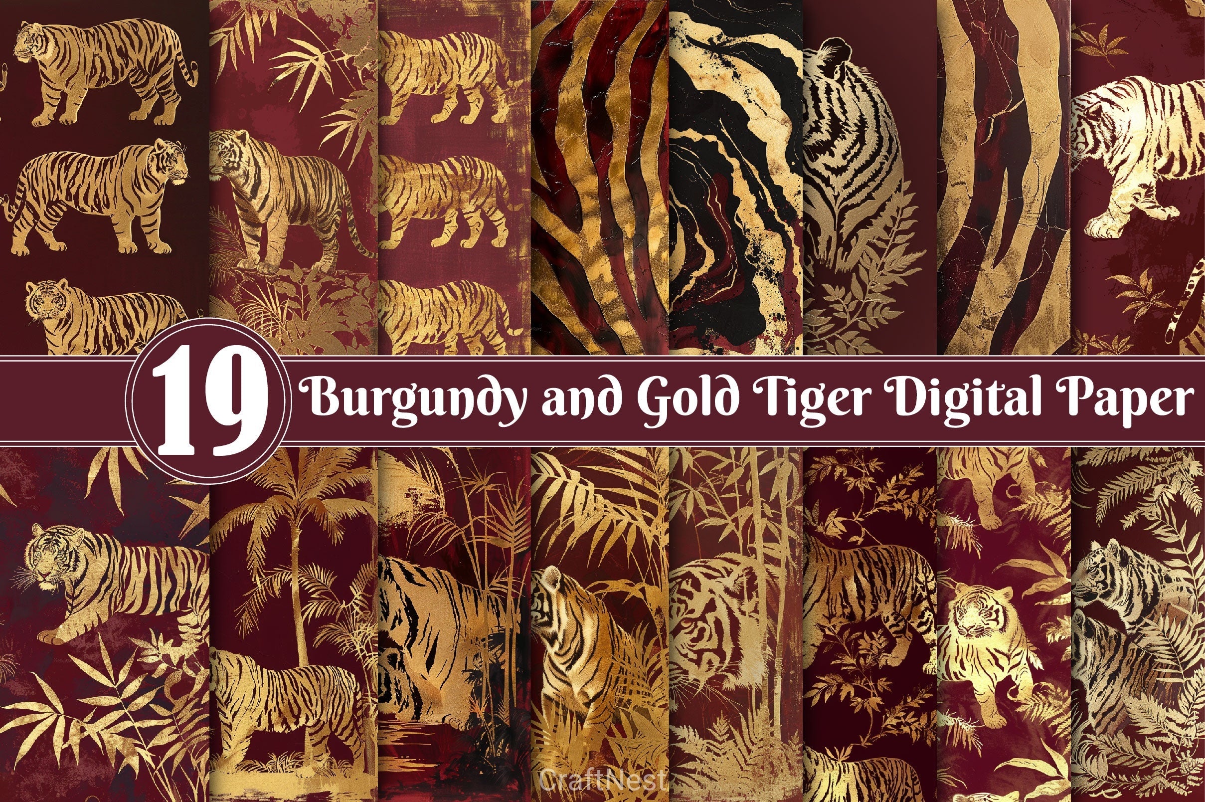 Burgundy And Gold Tiger Digital Paper