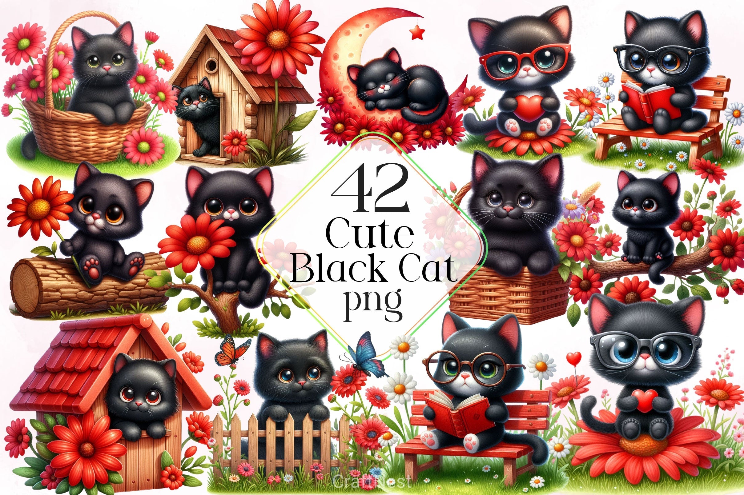 Cute Black Cat Clipart Bundle