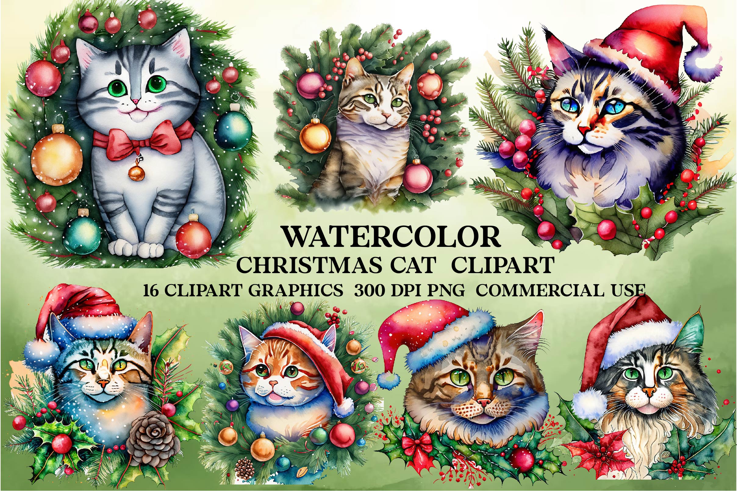 Cat Christmas Clipart Bundle