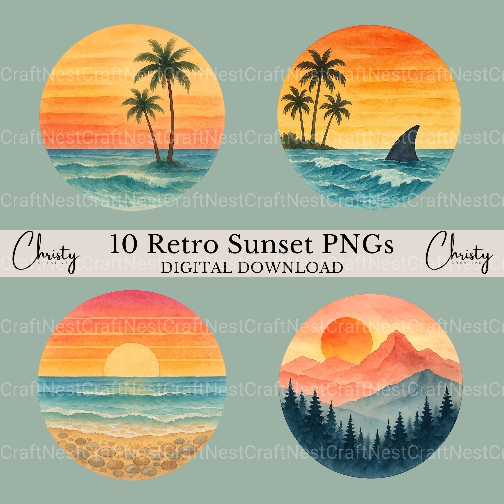 Retro Sunset Scenes Clipart Bundle