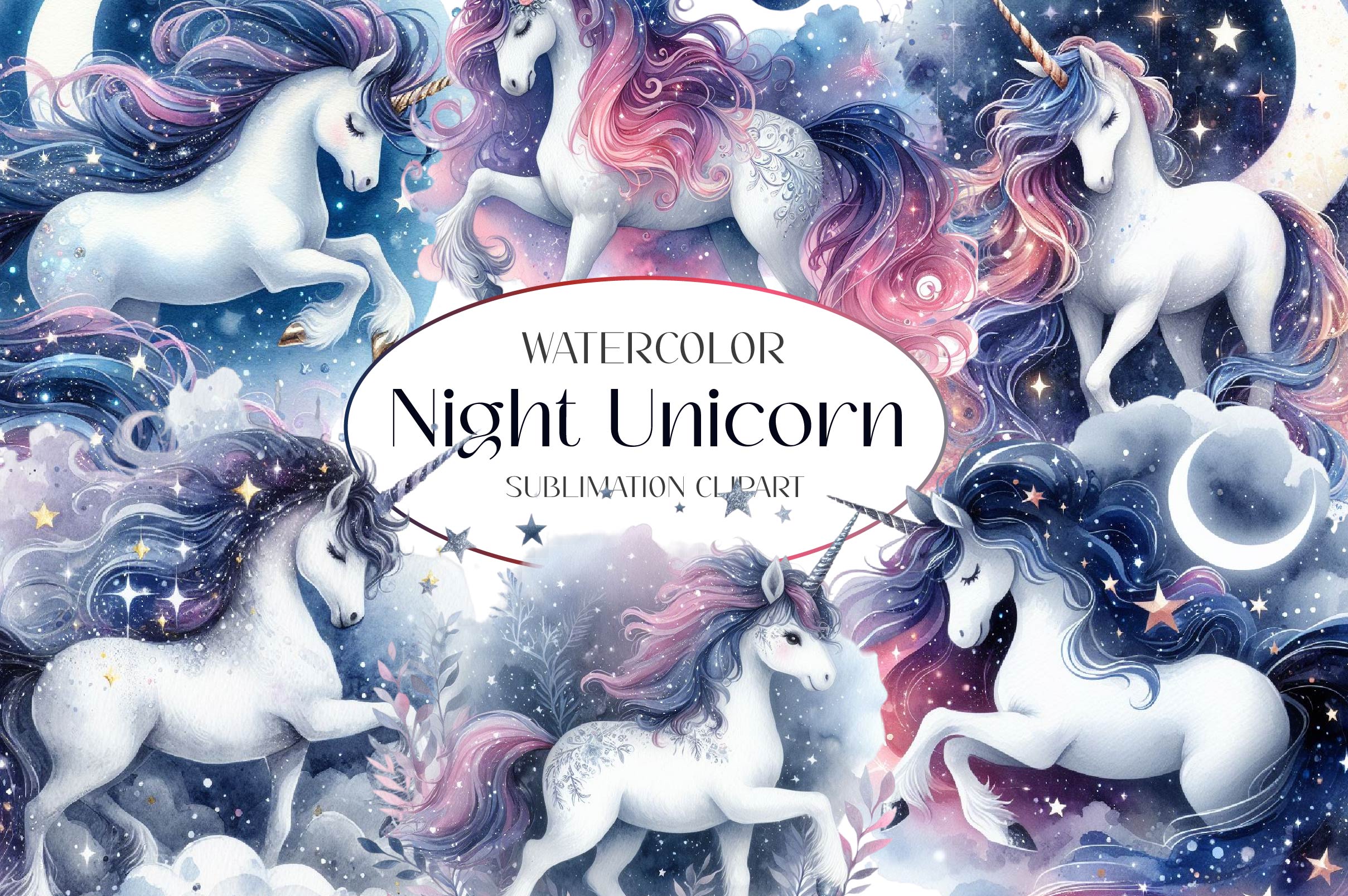Night Unicorn Clipart Bundle