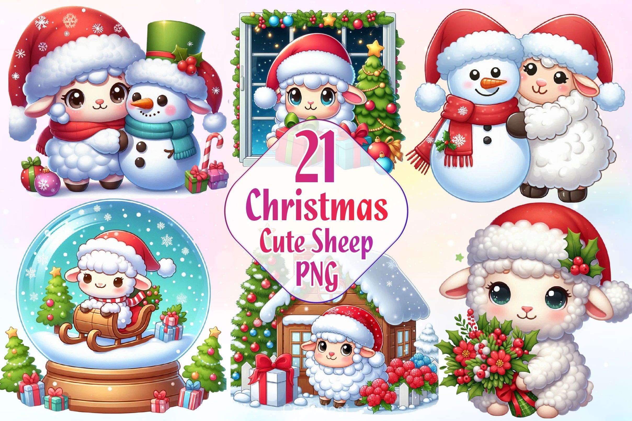 Cute Christmas Sheep Clipart Bundle 2