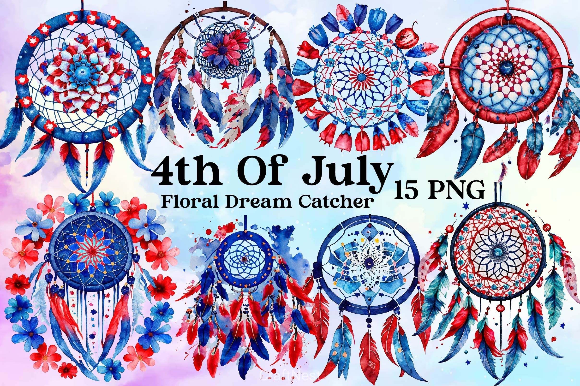 4th Of July Floral Dream Catcher Clipart Bundle