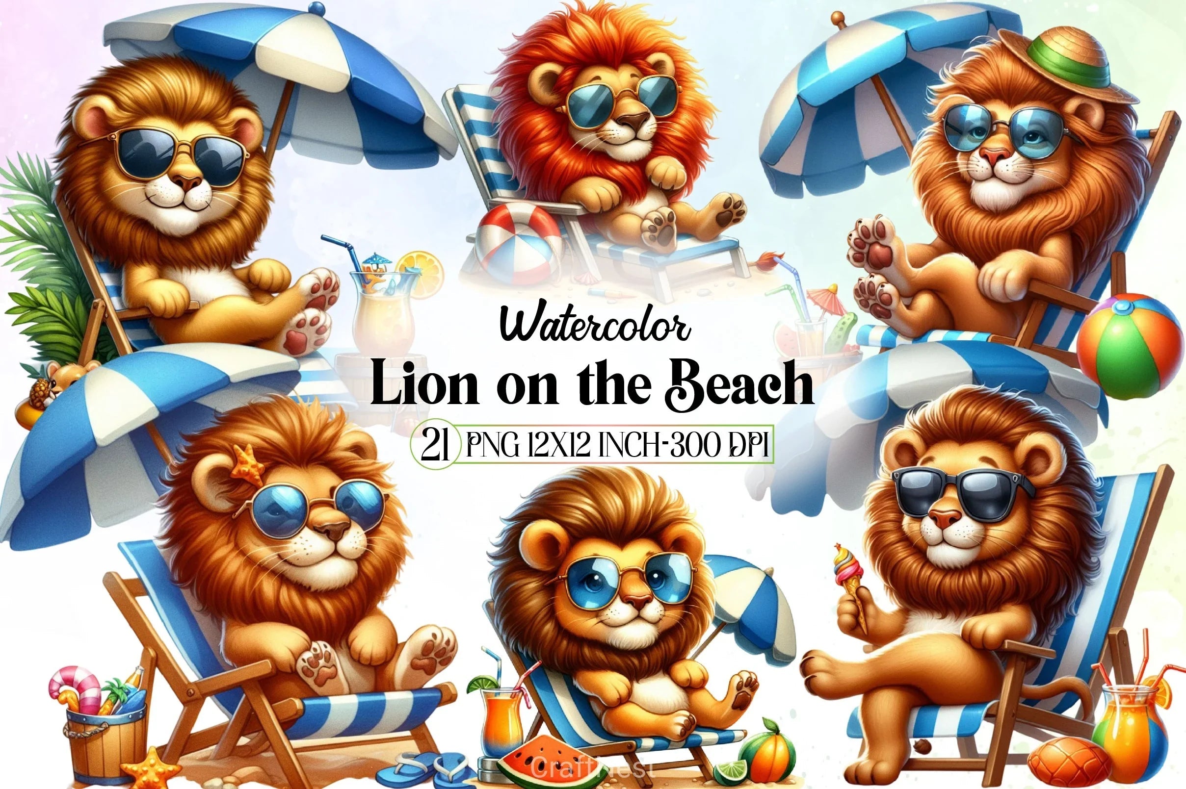 Cute Lion Beach Clipart Bundle - CraftNest - Digital Crafting and Art