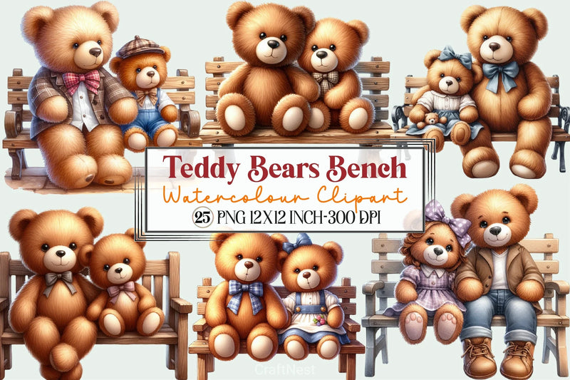 Teddy Bears Bench Clipart Bundle - CraftNest - Digital Crafting and Art