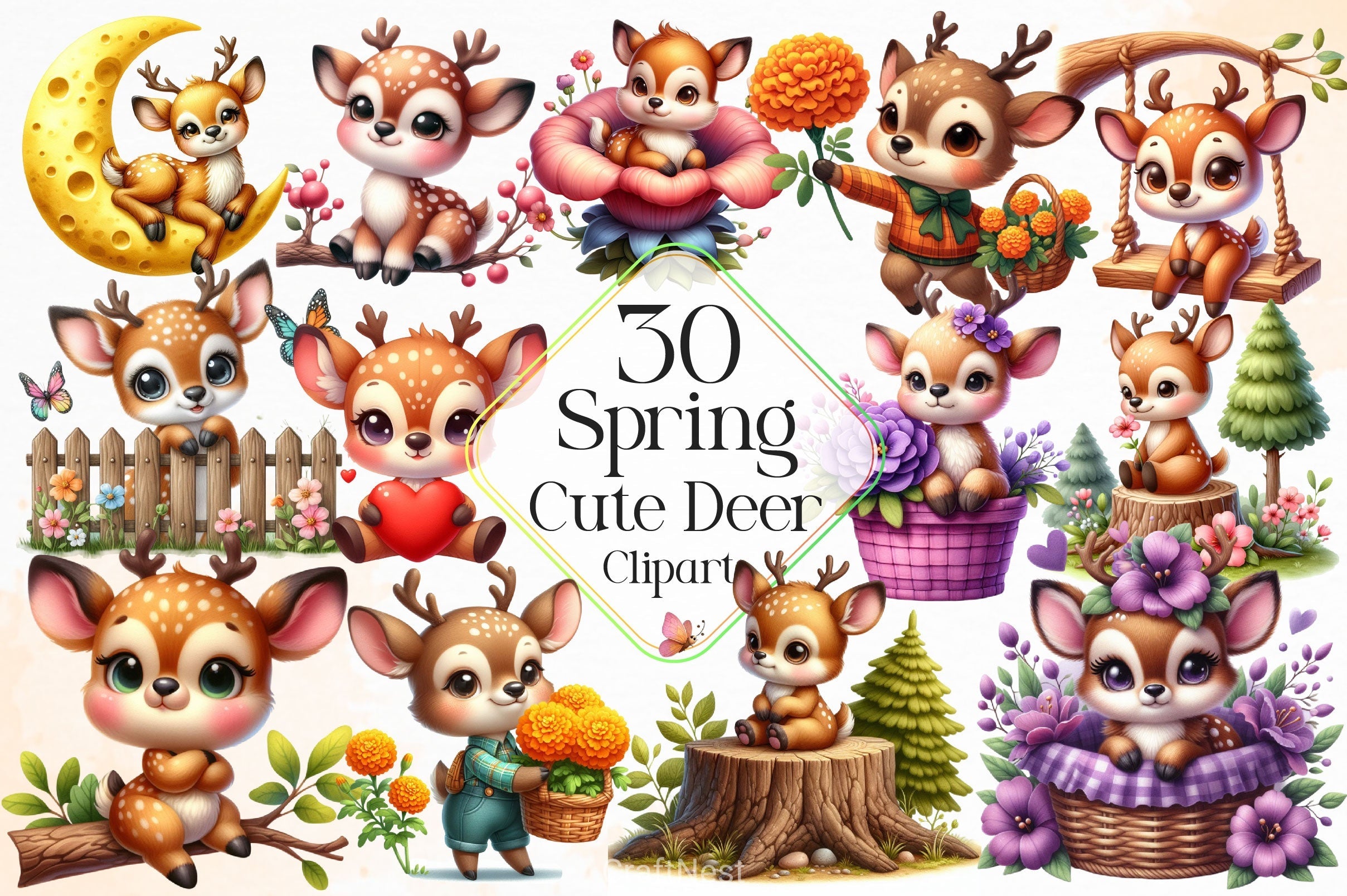 Spring Cute Deer Clipart Bundle