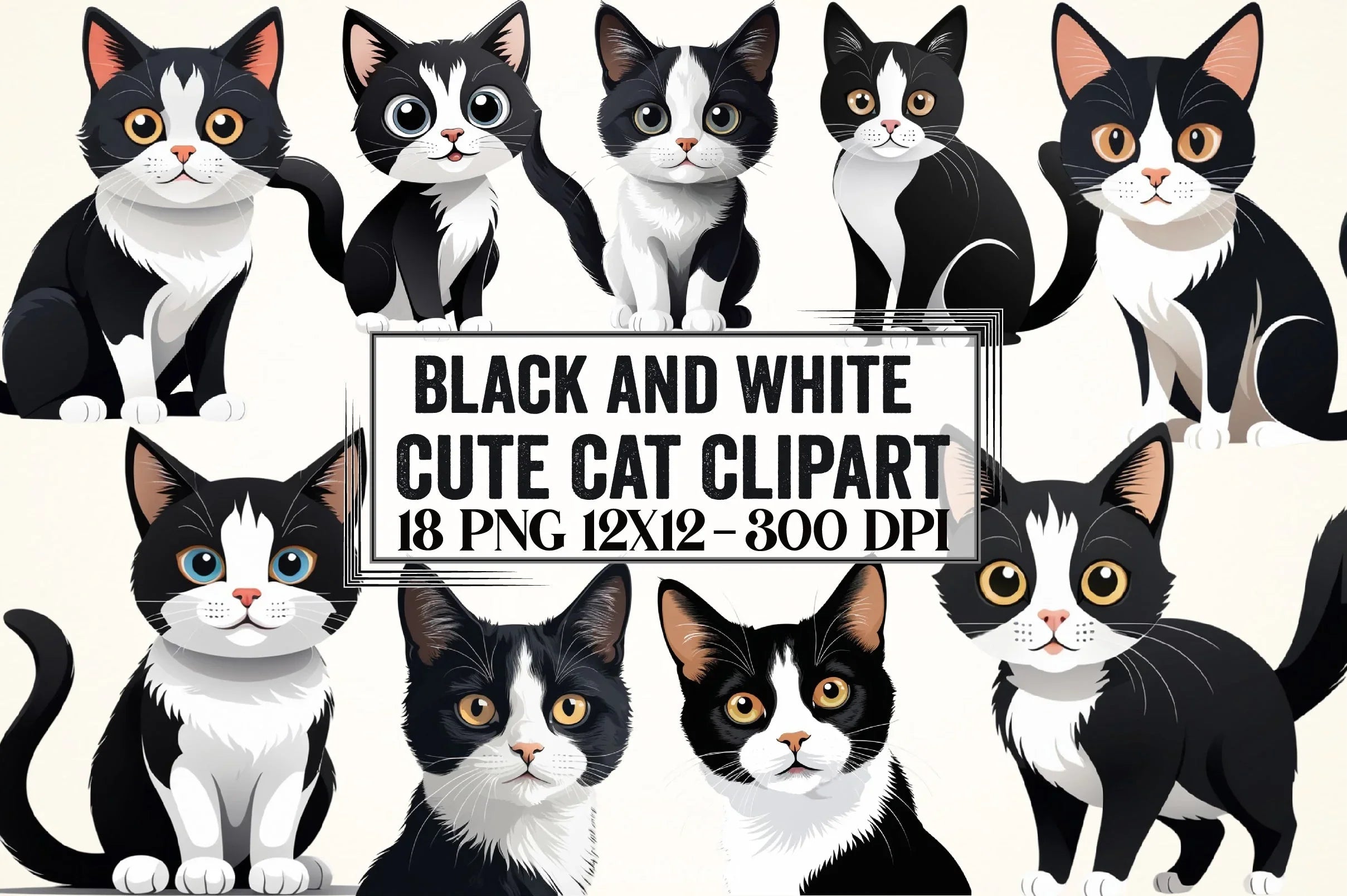 Cute Black & White Cat Clipart Bundle - CraftNest - Digital Crafting and Art