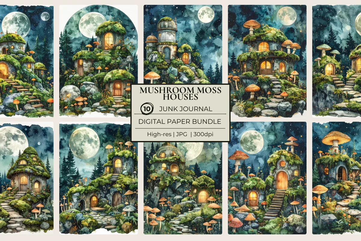 Mushroom Moss Houses Junk Journal Papers - CraftNest - Digital Crafting and Art