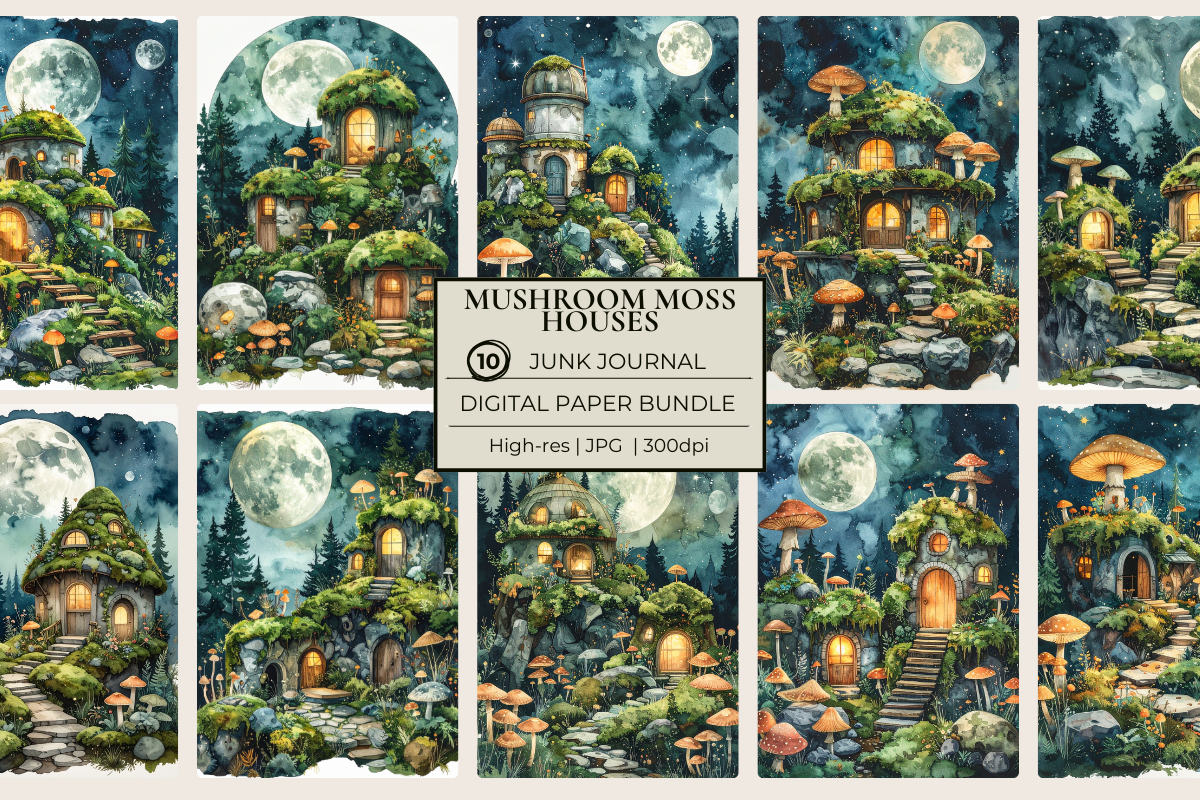 Mushroom Moss Houses Junk Journal Papers