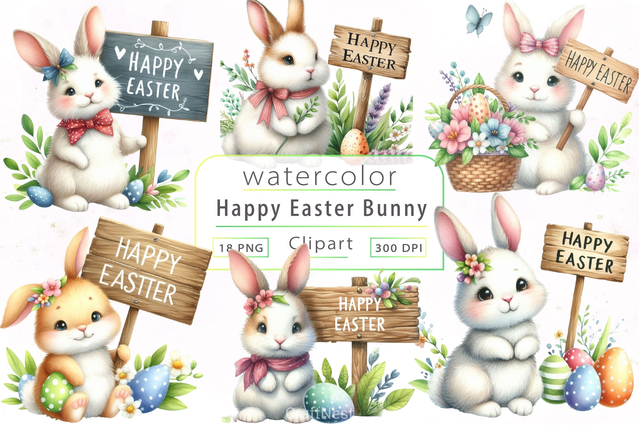 Easter Bunny Wooden Signs Clipart Bundle