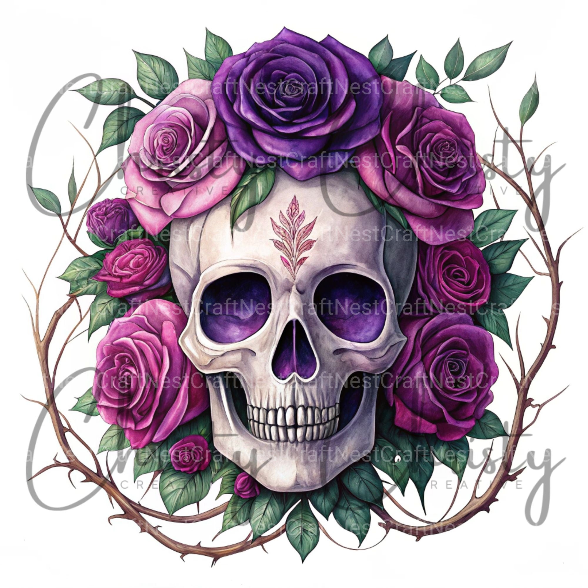 Purple Floral Skull Clipart Bundle