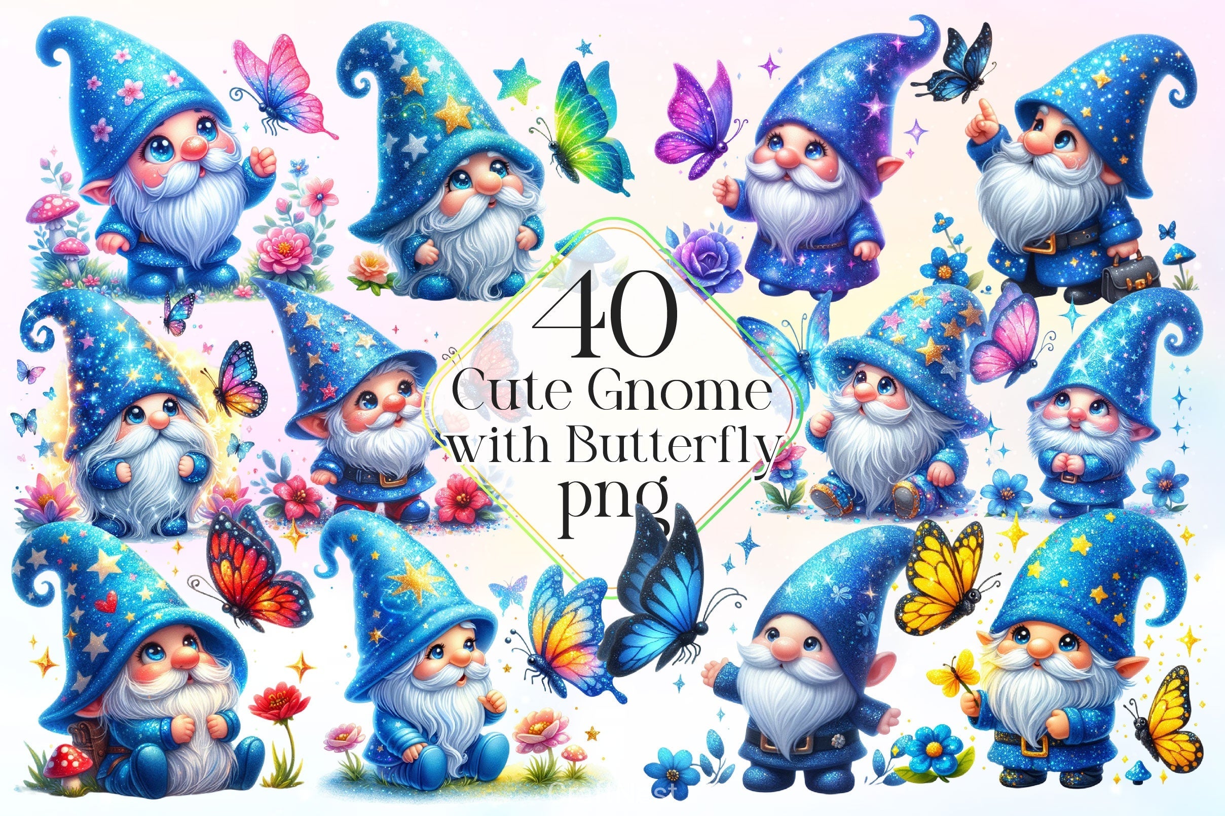 Cute Gnome With Butterfly Clipart Bundle 2