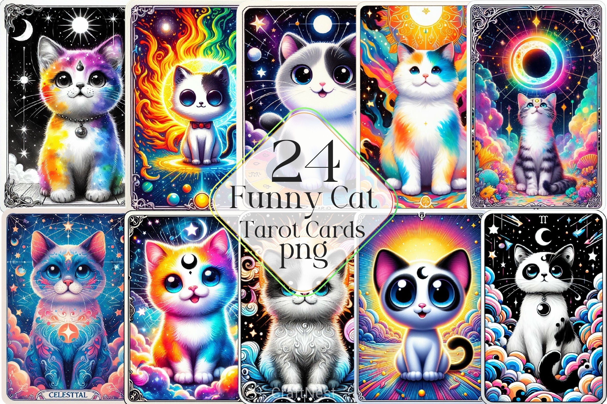 Funny Cat Tarot Cards Clipart Bundle