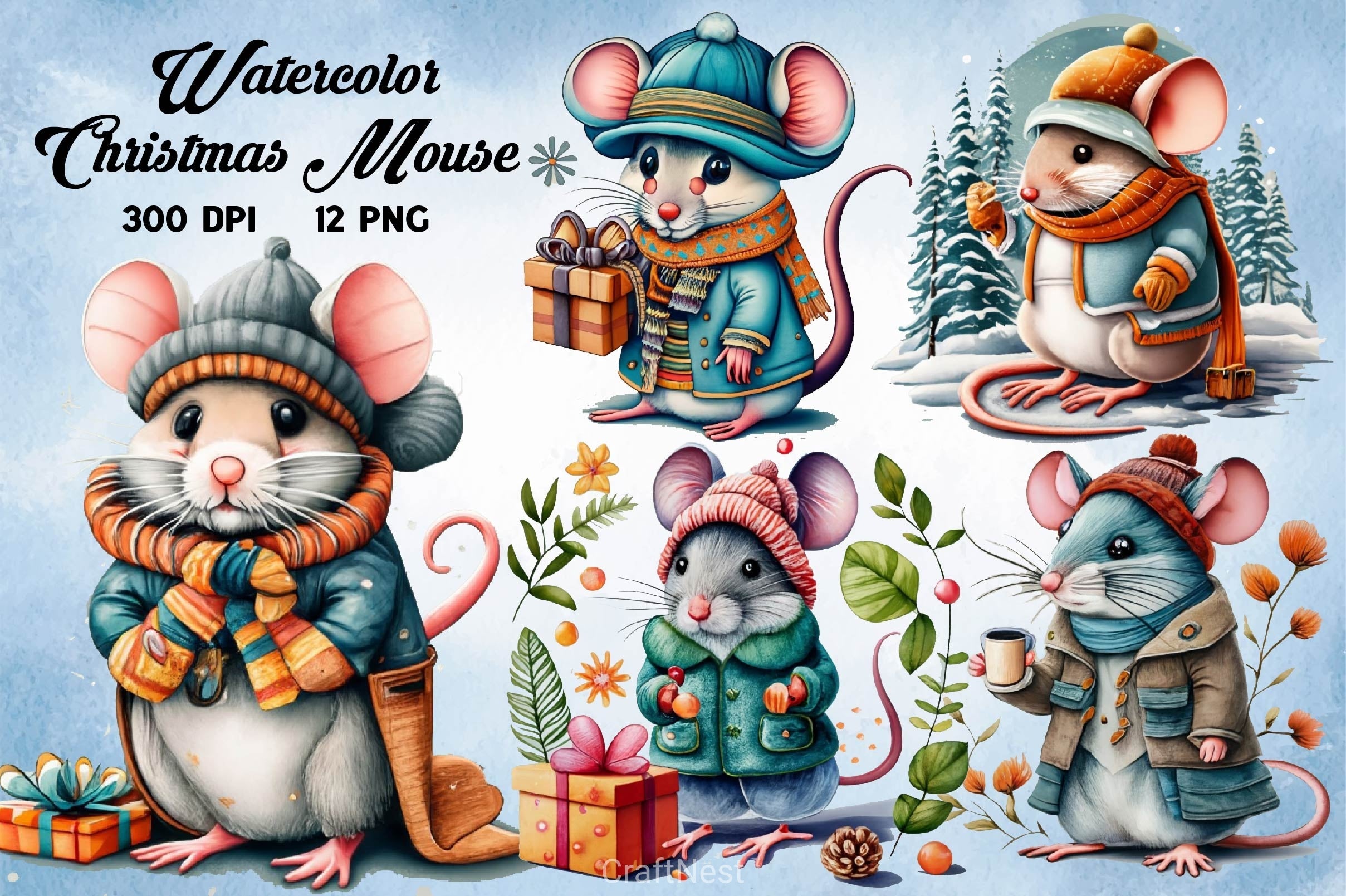 Christmas Mouse Clipart Bundle 2