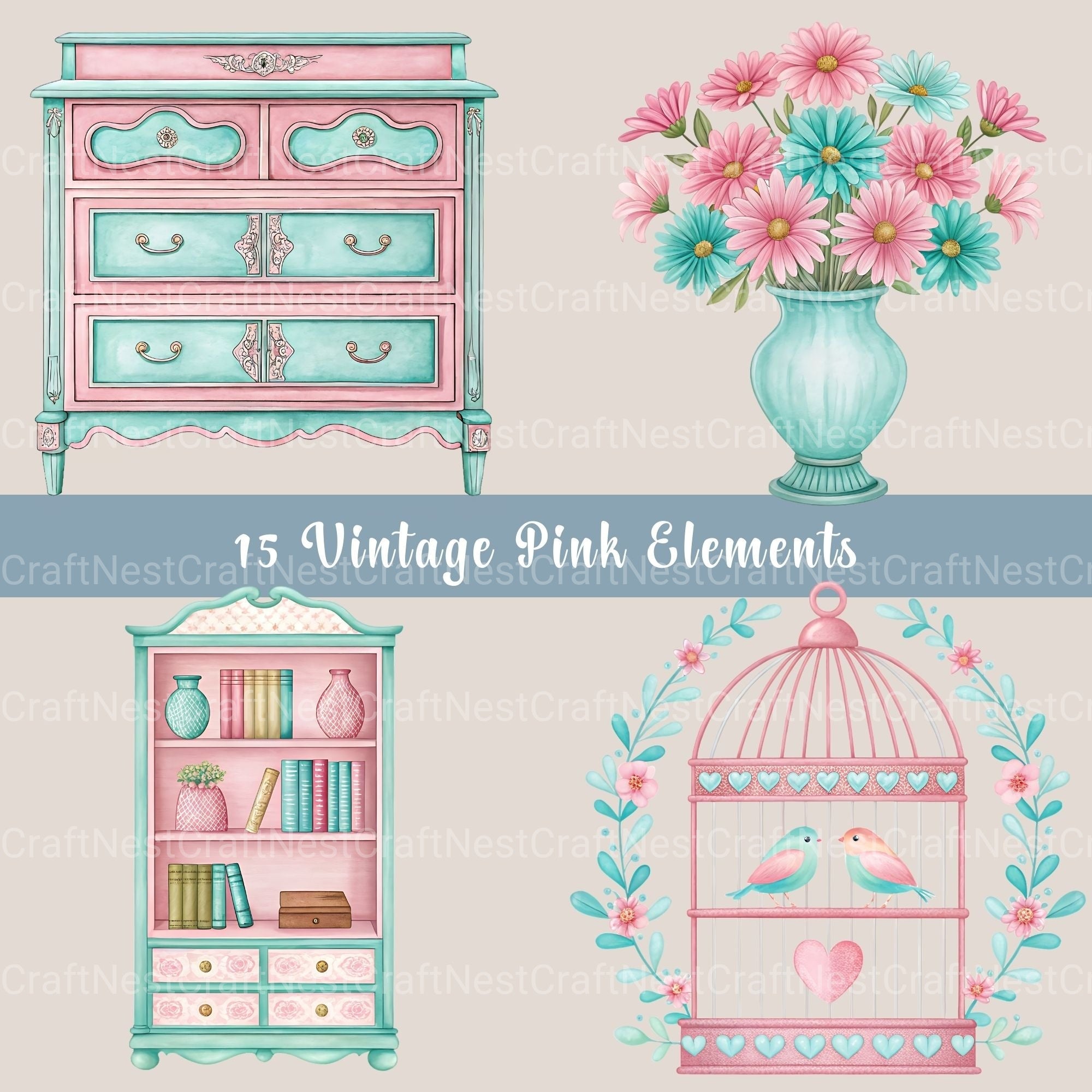 Vintage Pink Clipart Bundle