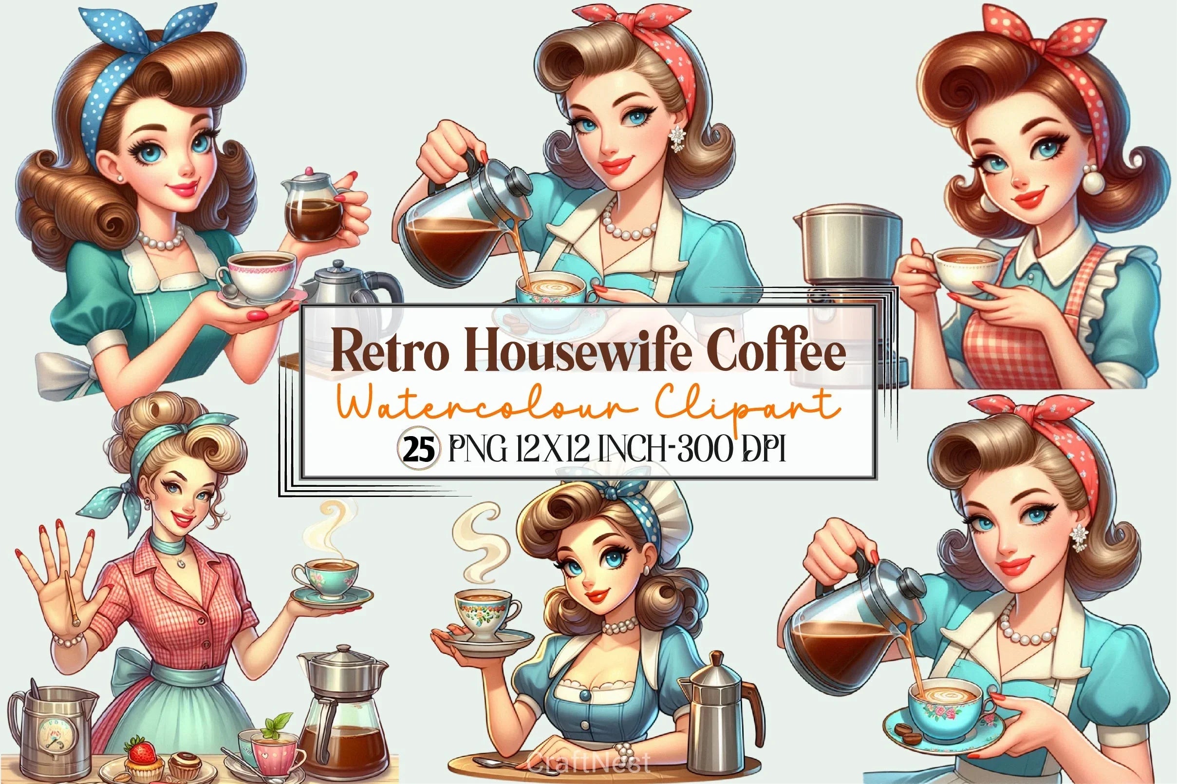 Retro Housewife Coffee Clipart Bundle - CraftNest - Digital Crafting and Art