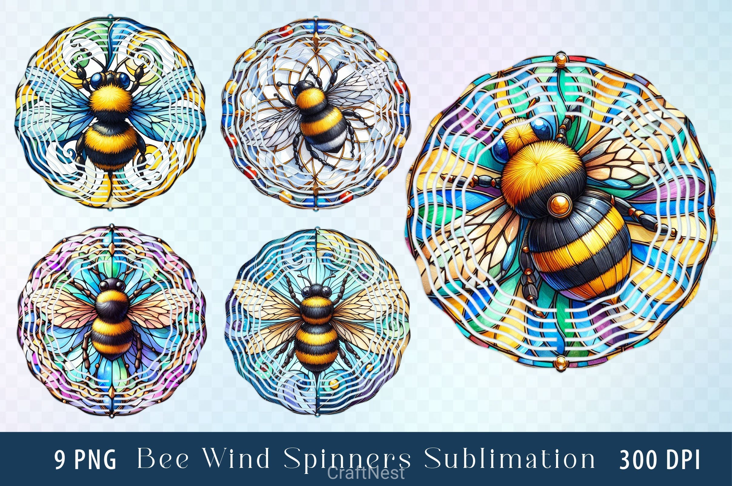 Stained Glass Bee Wind Spinner Clipart Bundle