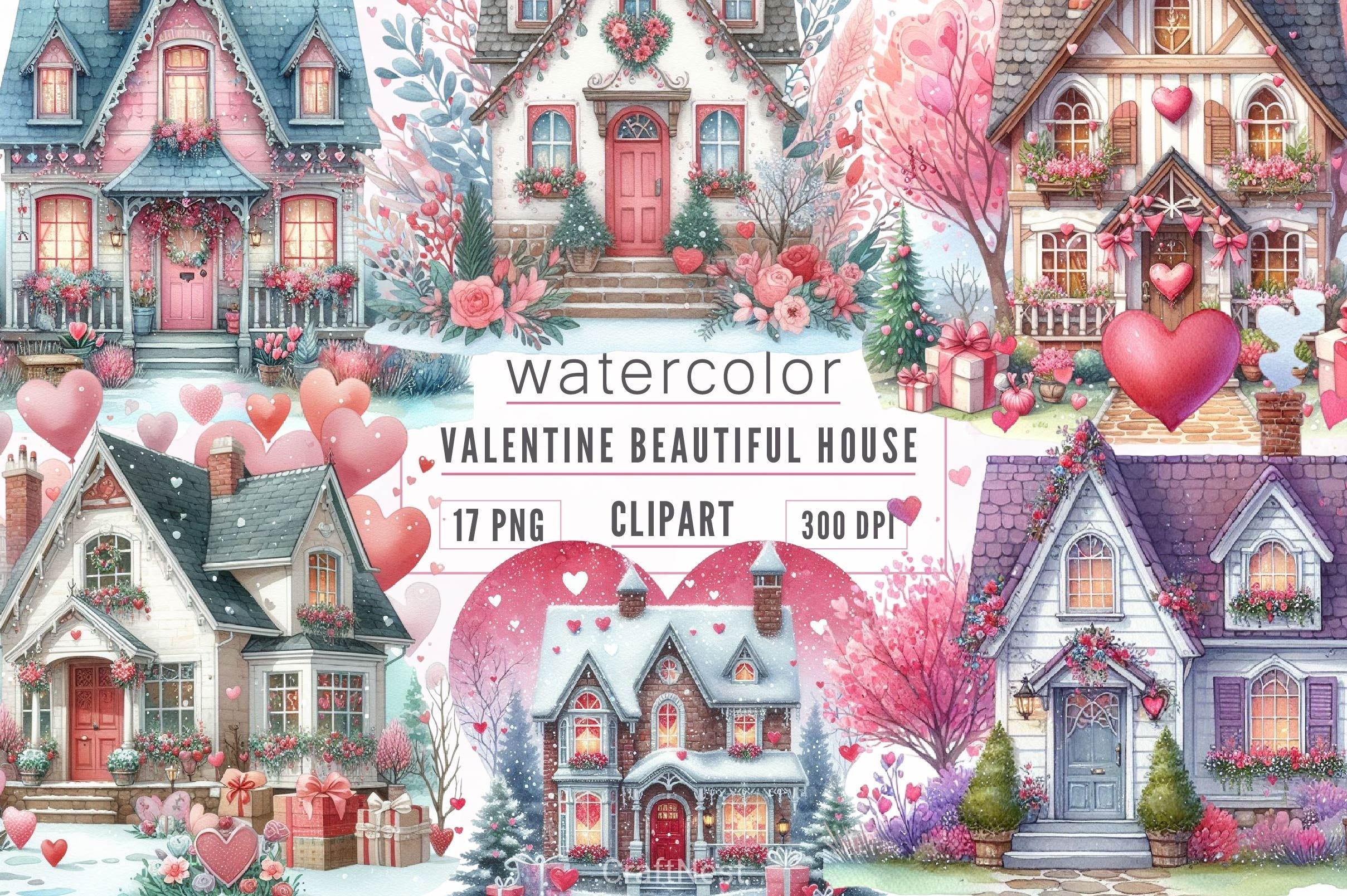 Romantic Valentines Day Cottage Clipart Bundle