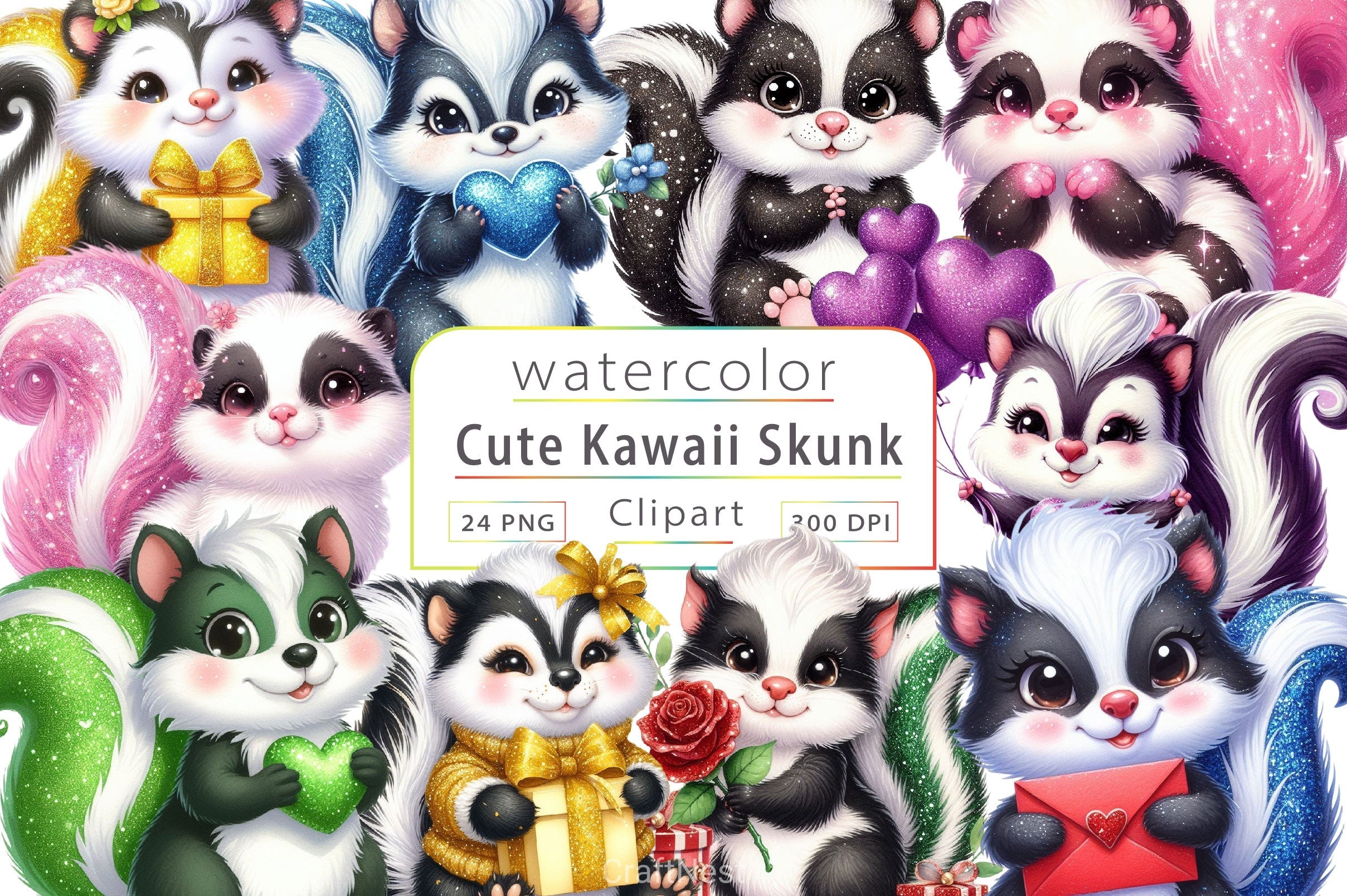 Cute Kawaii Skunk Clipart Bundle 2