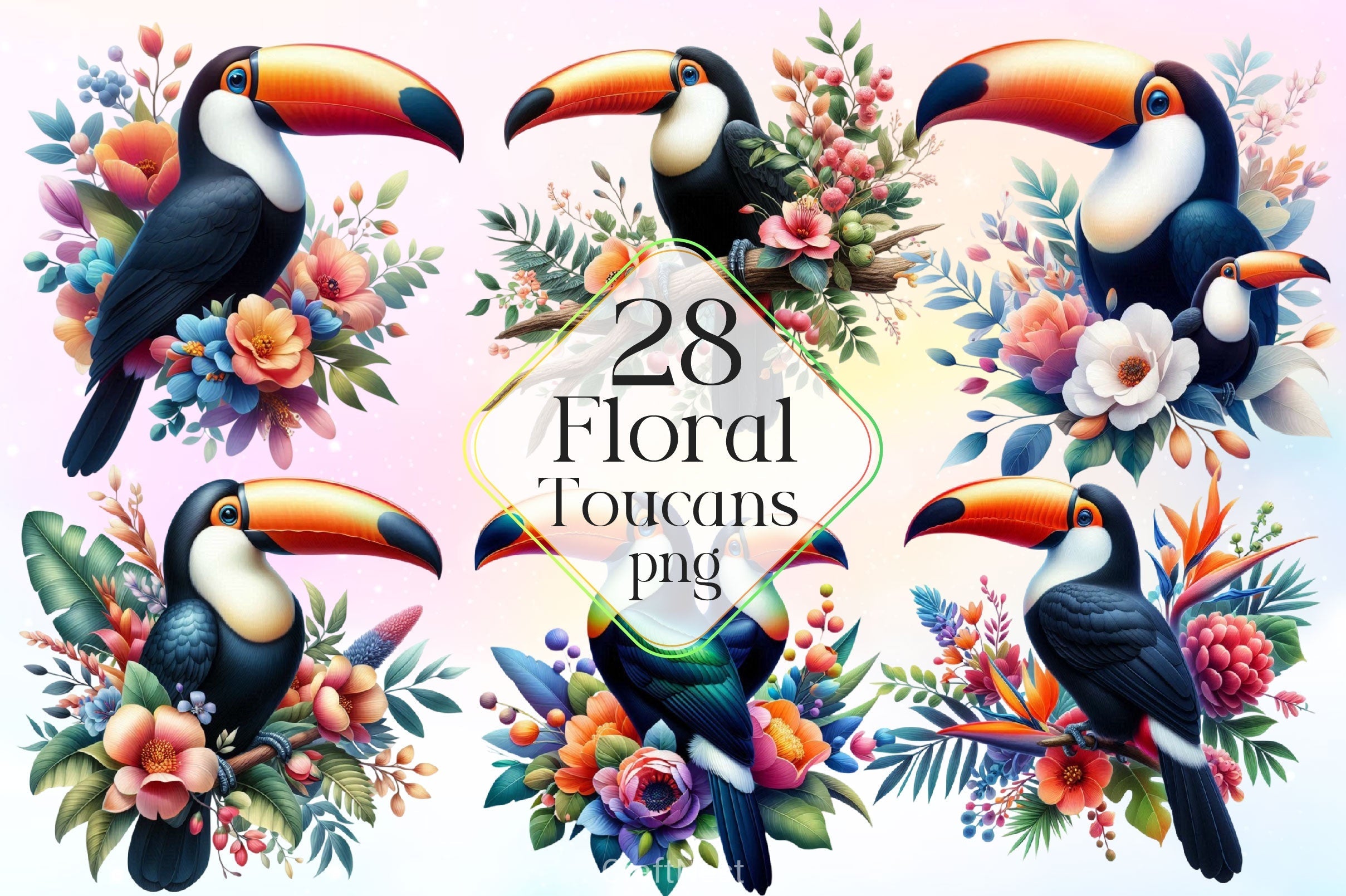 Floral Toucans Clipart Bundle 2