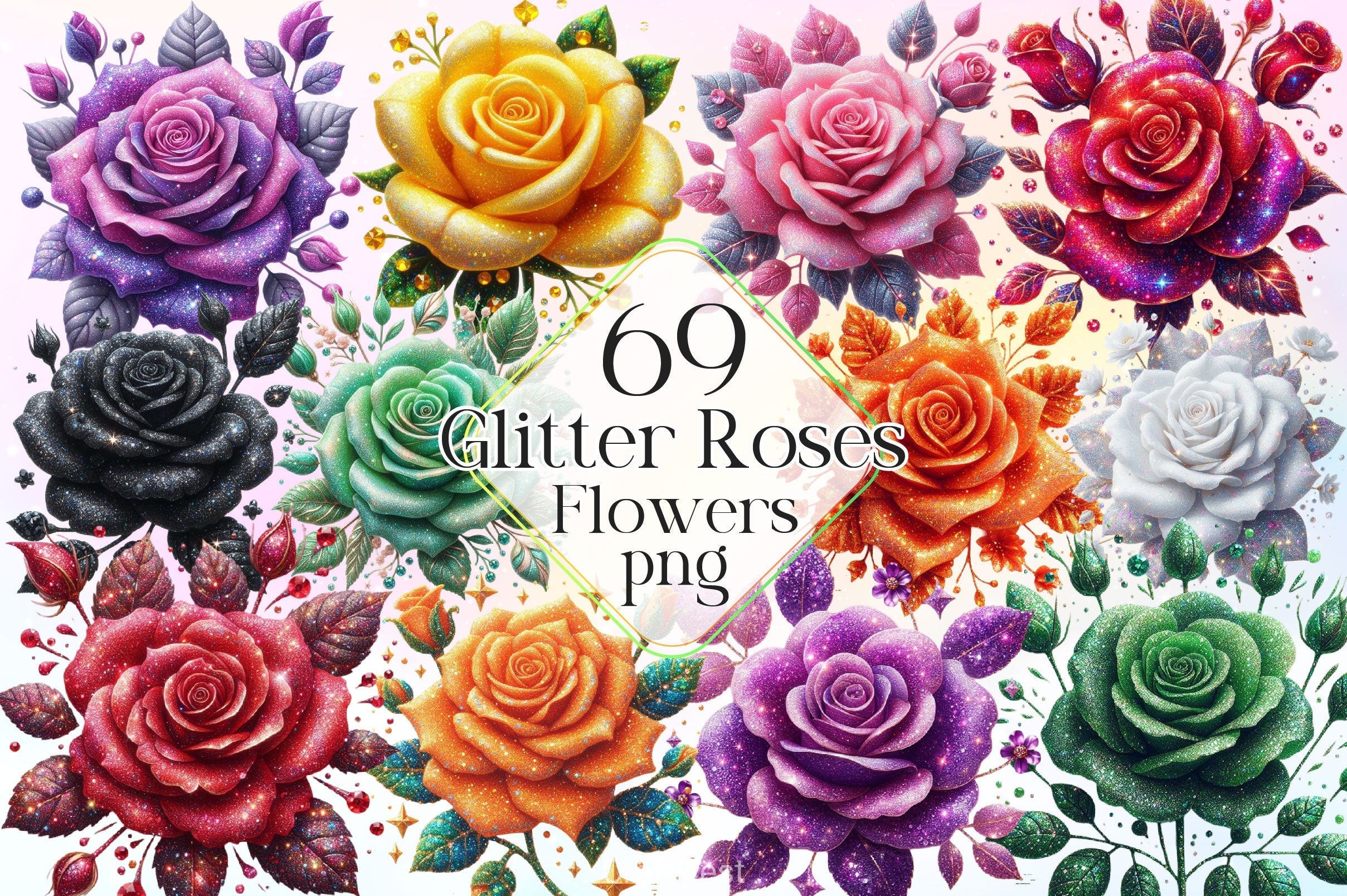 Glitter Roses Flowers Clipart Bundle