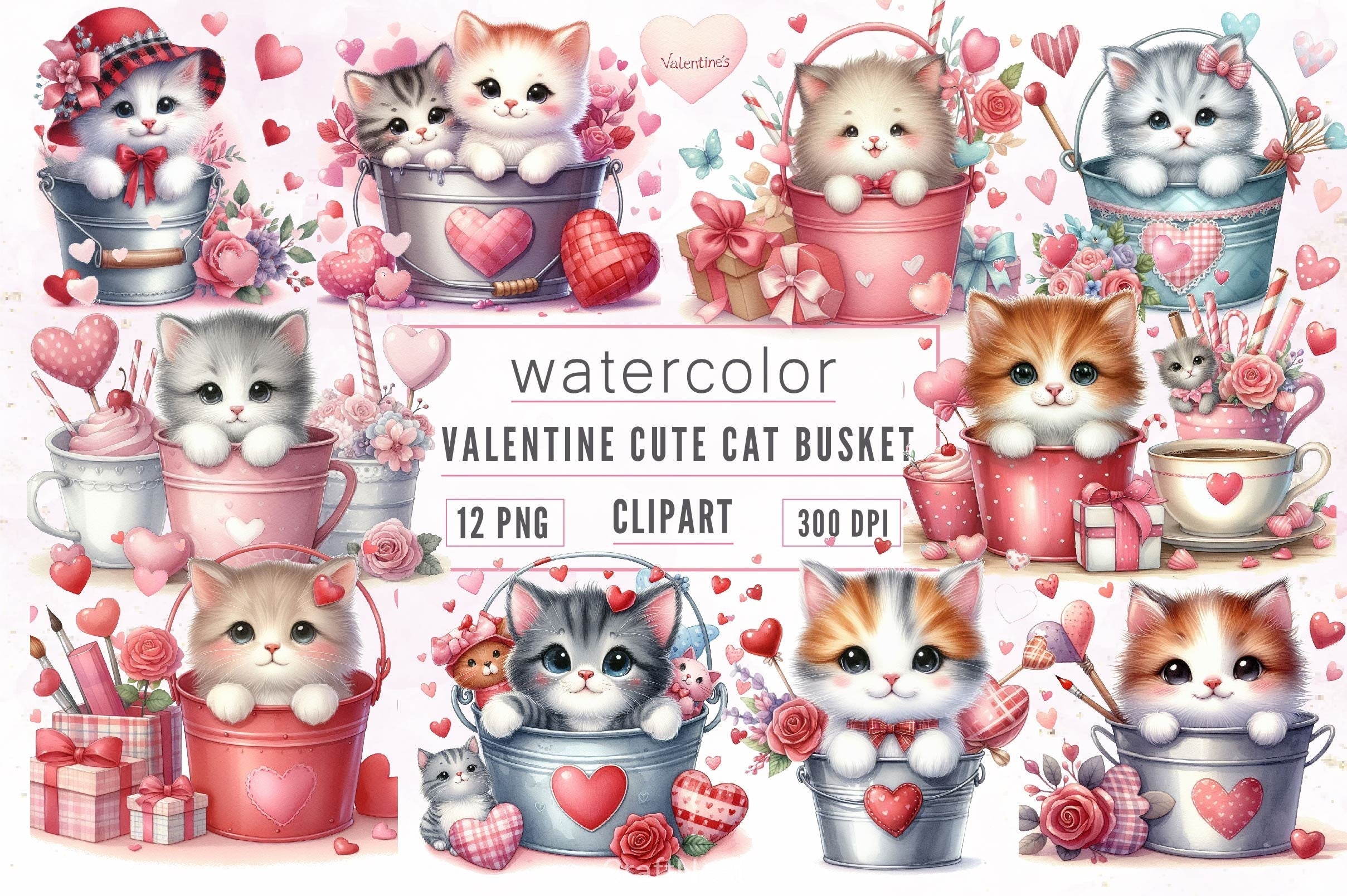 Valentine Cute Cat Basket Clipart Bundle