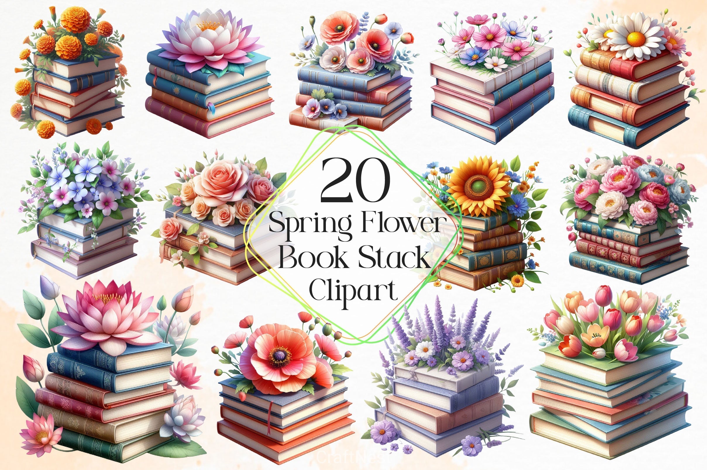 Spring Flower Book Stack Clipart Bundle 2