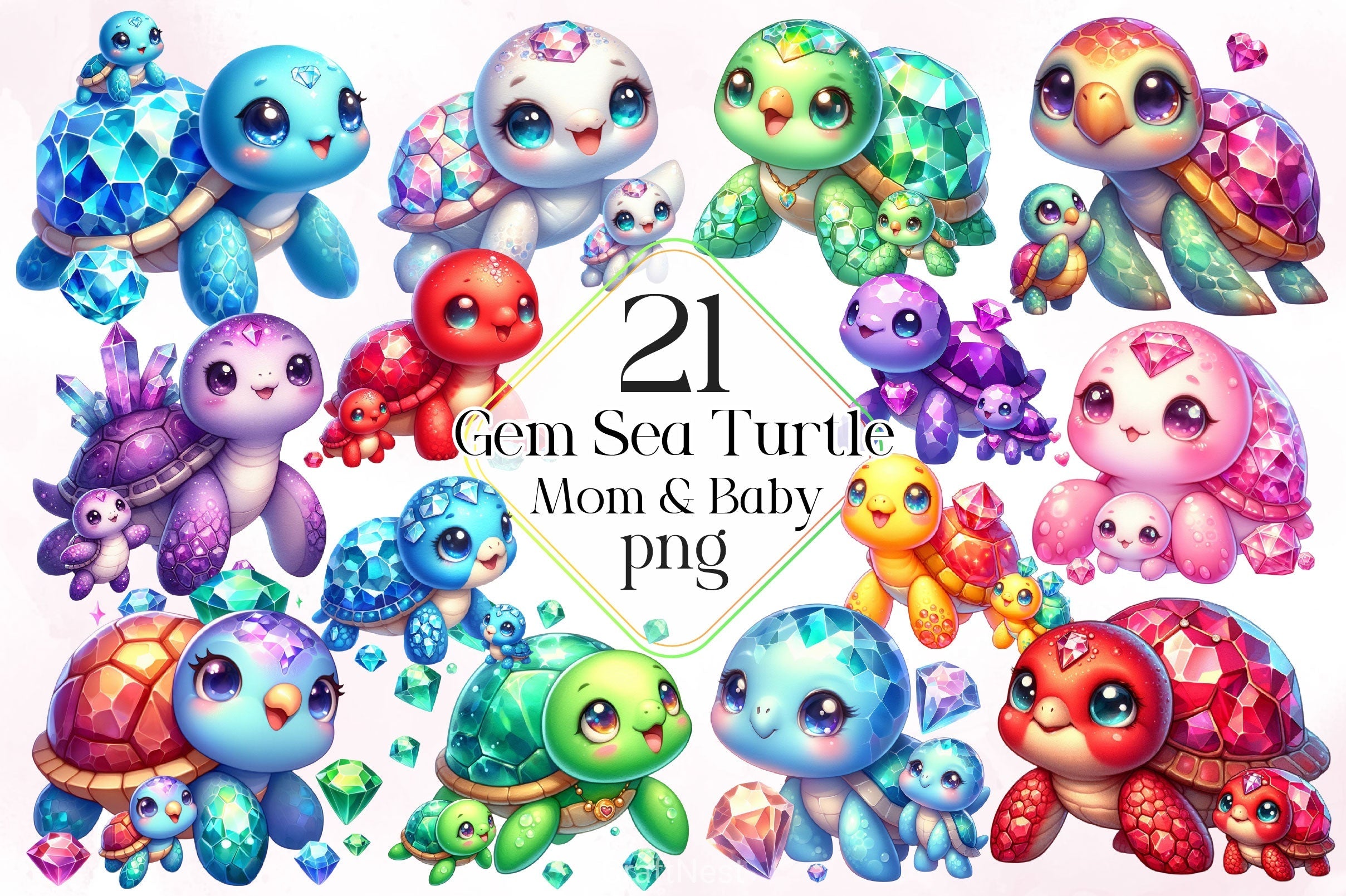 Gem Sea Turtle Mom And Baby Clipart Bundle 2
